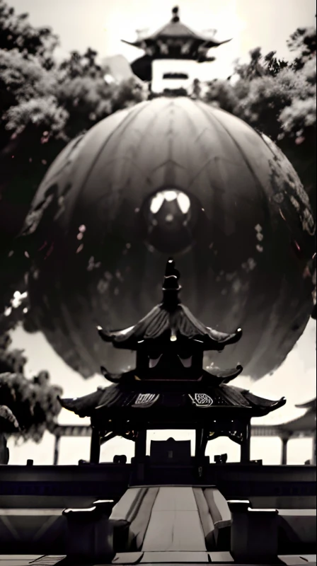 A black and white photo of a large building with a pagoda in the background, intrincado estilo cgi anime ornamentado, Pop Japonisme 3 D Ultra Detalhado, Japanese Cyberpunk Temple, Japonisme 3 D 8 K Ultra Detalhado, Japan. Volumetric lighting, ambient occlusion render, japanese temple, an ambient occlusion render, Ambient occlusion:3