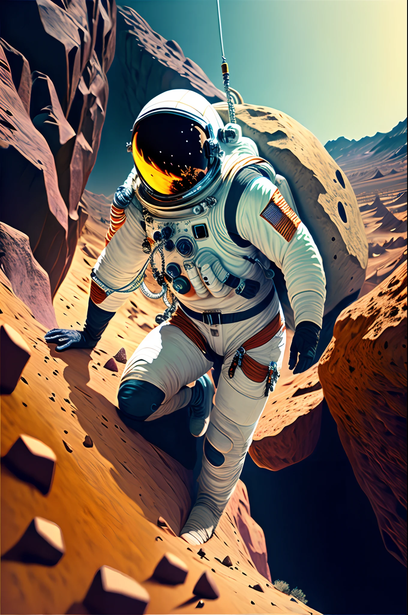 Astronaut in white spacesuit walking on a rocky surface - SeaArt AI