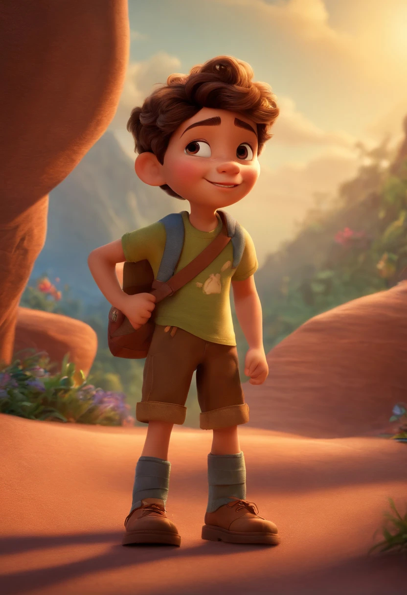 um menino de 6 anos de idade, cabelos castanho, corpo inteiro, disney pixar, cute