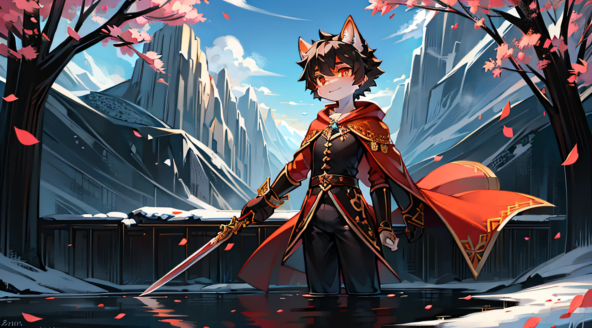 Black Haired Wolf，long red cloak，orange color shirt，falling flower petals，Mountains，Shota，adolable，Orange pupils，are standing，flowing river，snowfield，Reach out and pick up the petals，solo person，clear blue skies，Expectant eyes，head looking up，Long sword，having fun，rays of sunshine，Look into the distance，A confident expression，Peach blossom tree，White petals，Libido boy，ornate backdrop，cavalier，Sabre at the waist
