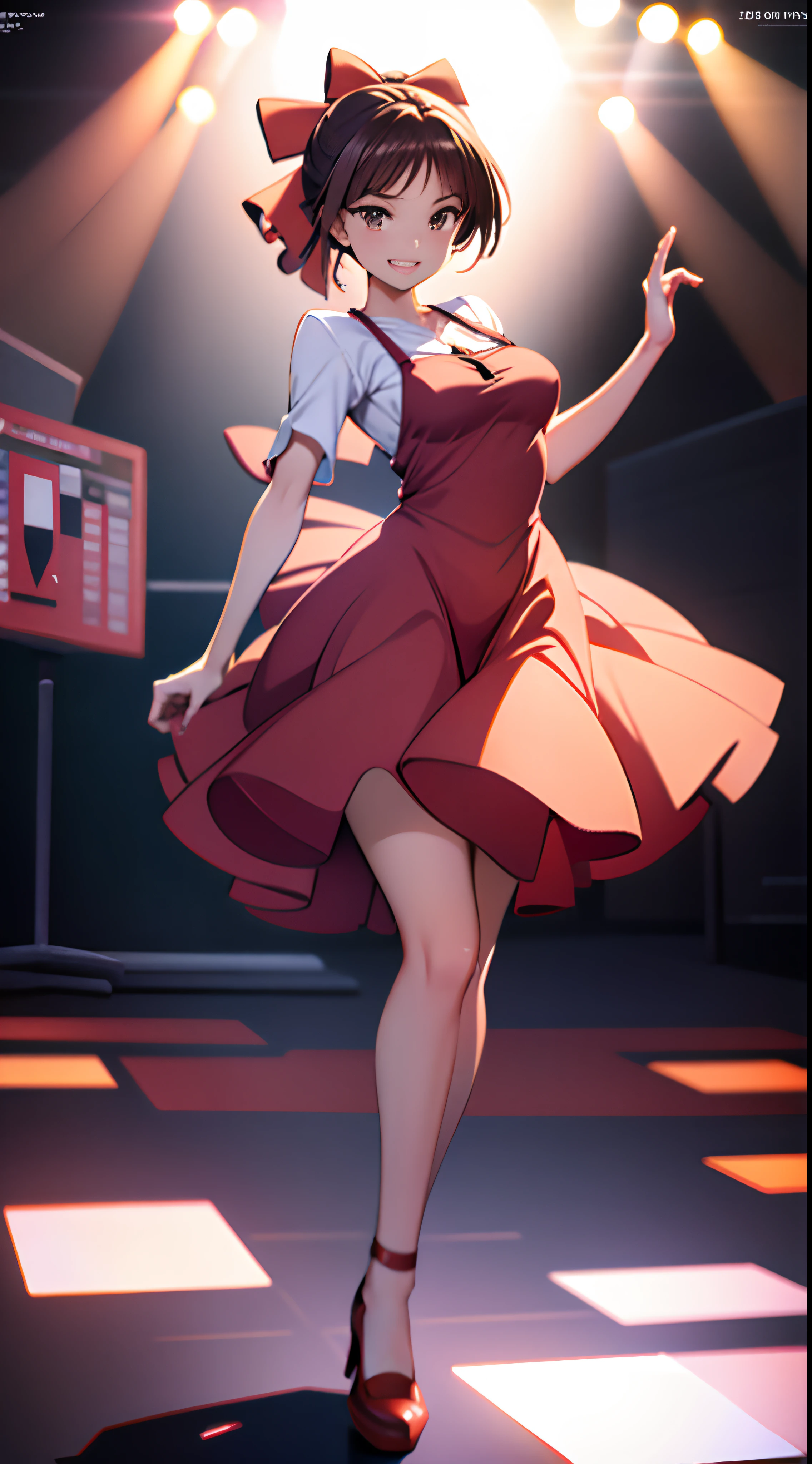 1womanl,Brown hair,Red ribbons ,Natural smile,Beautiful breasts,White shirt,Red dress,well-styled,full body Esbian,