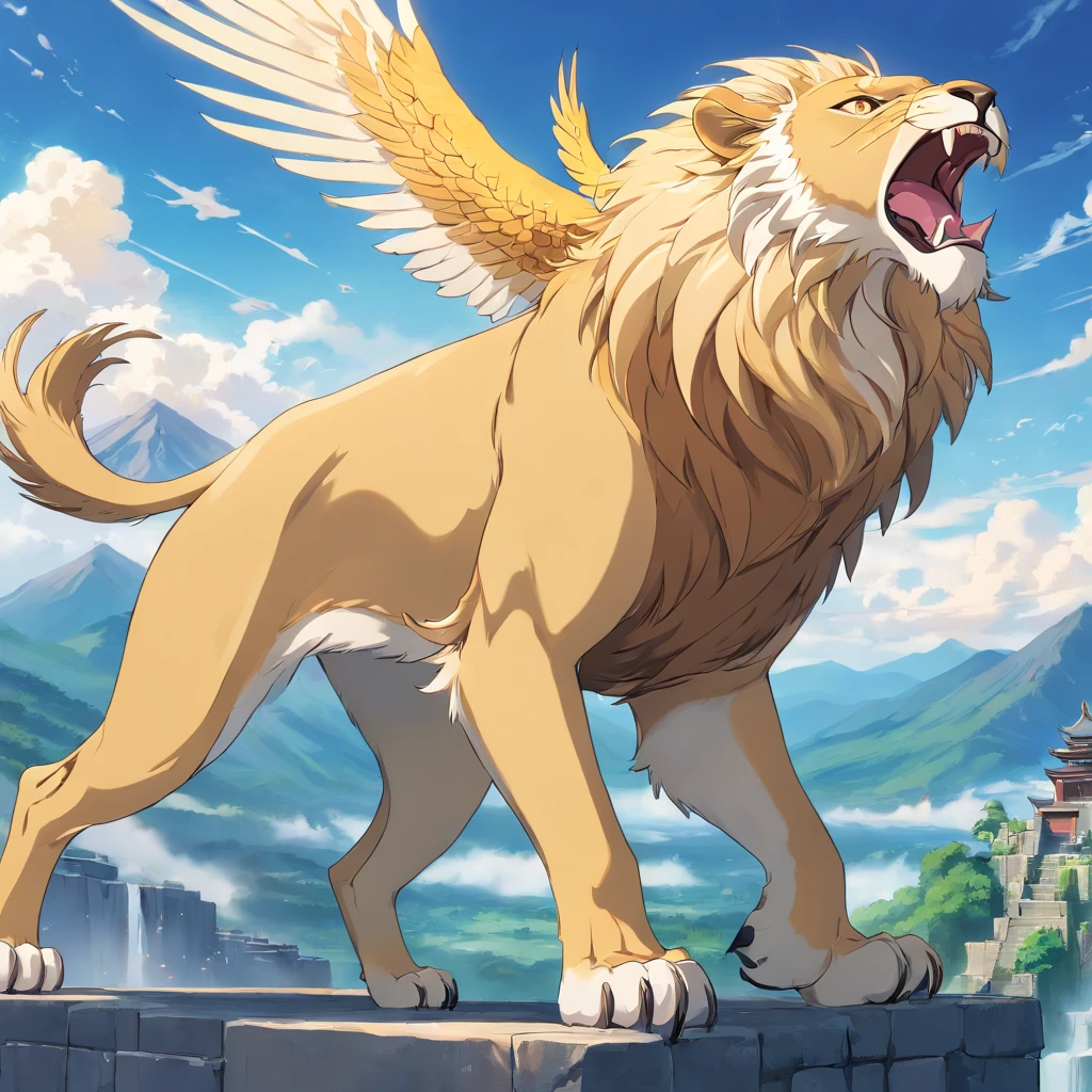 Golden jiffin, mythological creatures, Majestic, Powerful wings, Lion body, Eagle head, Fierce gaze, Sharp claws, feater, Golden beak, Large size, Flying, Mountains, Cloudy sky, Ancient ruins, Fantasy realm, mythological landscape, Epic, magical, mythological creatures, mythological beasts, Fierce, Mythical monsters