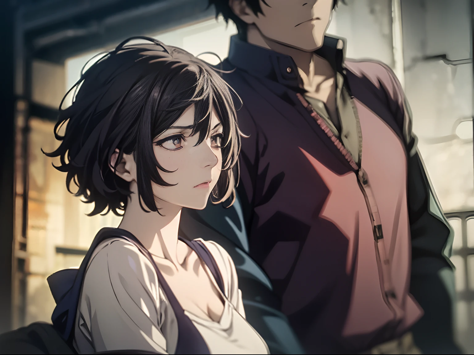 In the mansion,(A middle-aged couple 1.5),(low head),ragged attire,lonely, depressed, panicking, black hair, chiaroscuro, cinematic lighting, depth of field, anime
