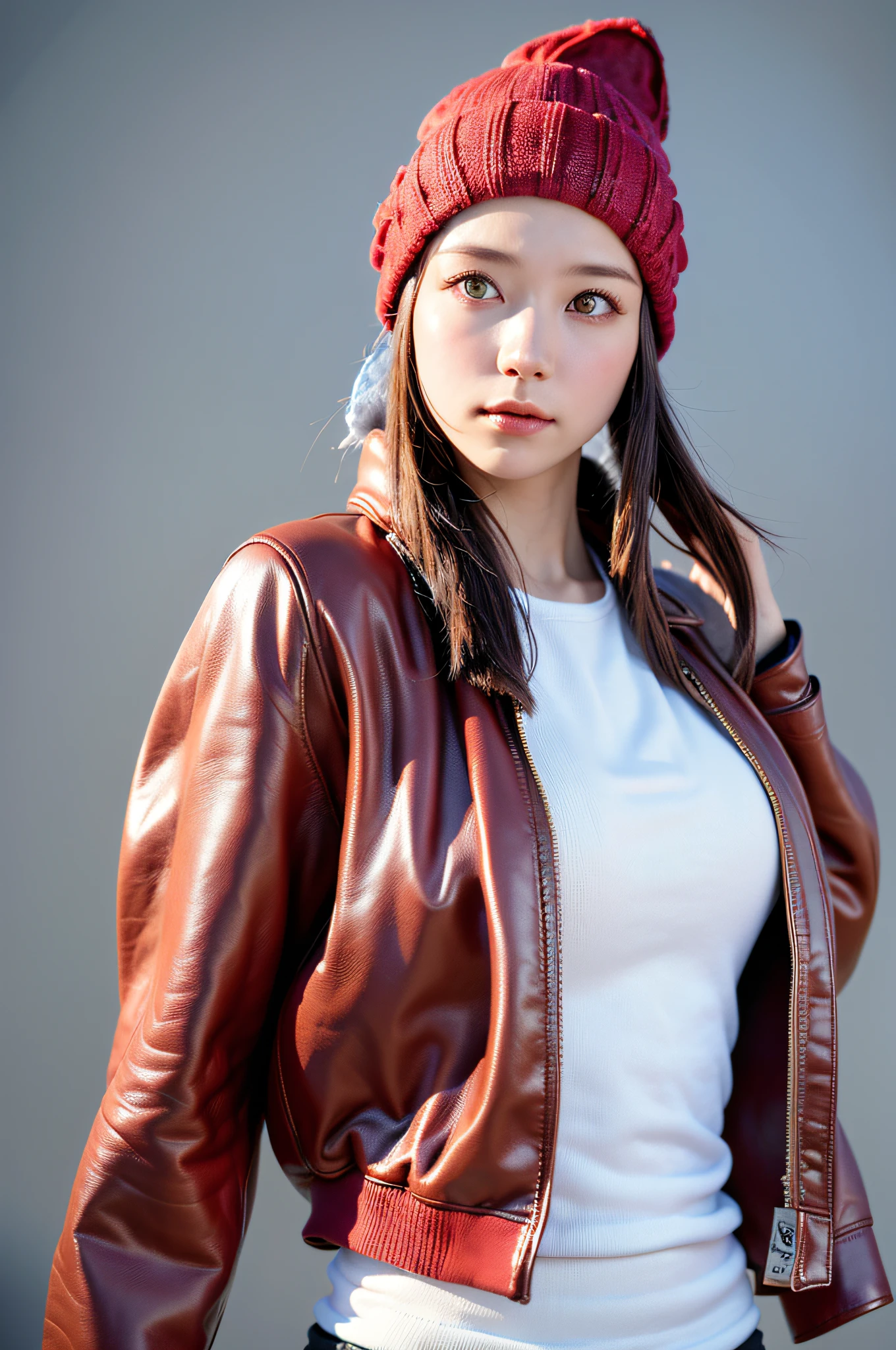 (
(8k:1.27), best quality, masterpiece, ultra highres:1.2) Photo of Pretty Japanese woman
 (beautiful:1.1) (sci-fi warrior woman:1.1) space soldier, (beanie:1.61) (leather jacket:1.21) intricate elegant, fantasy, detailed, ometric by greg rutkowski and alphonse mucha, gradient lighting