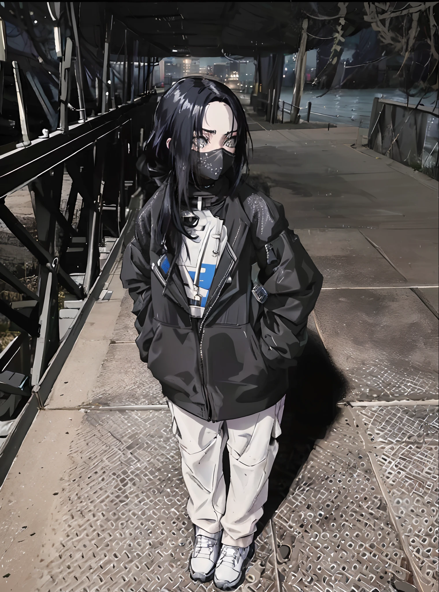 arafed woman wearing a mask standing on a bridge, photograph of a techwear woman, wearing urban techwear, she is wearing streetwear, wearing cyberpunk streetwear, wearing space techwear, wearing japanese techwear, woman in streetwear, wearing all black mempo mask, billie eilish, techwear look and clothes, wearing a fisher 🧥, dark. no text