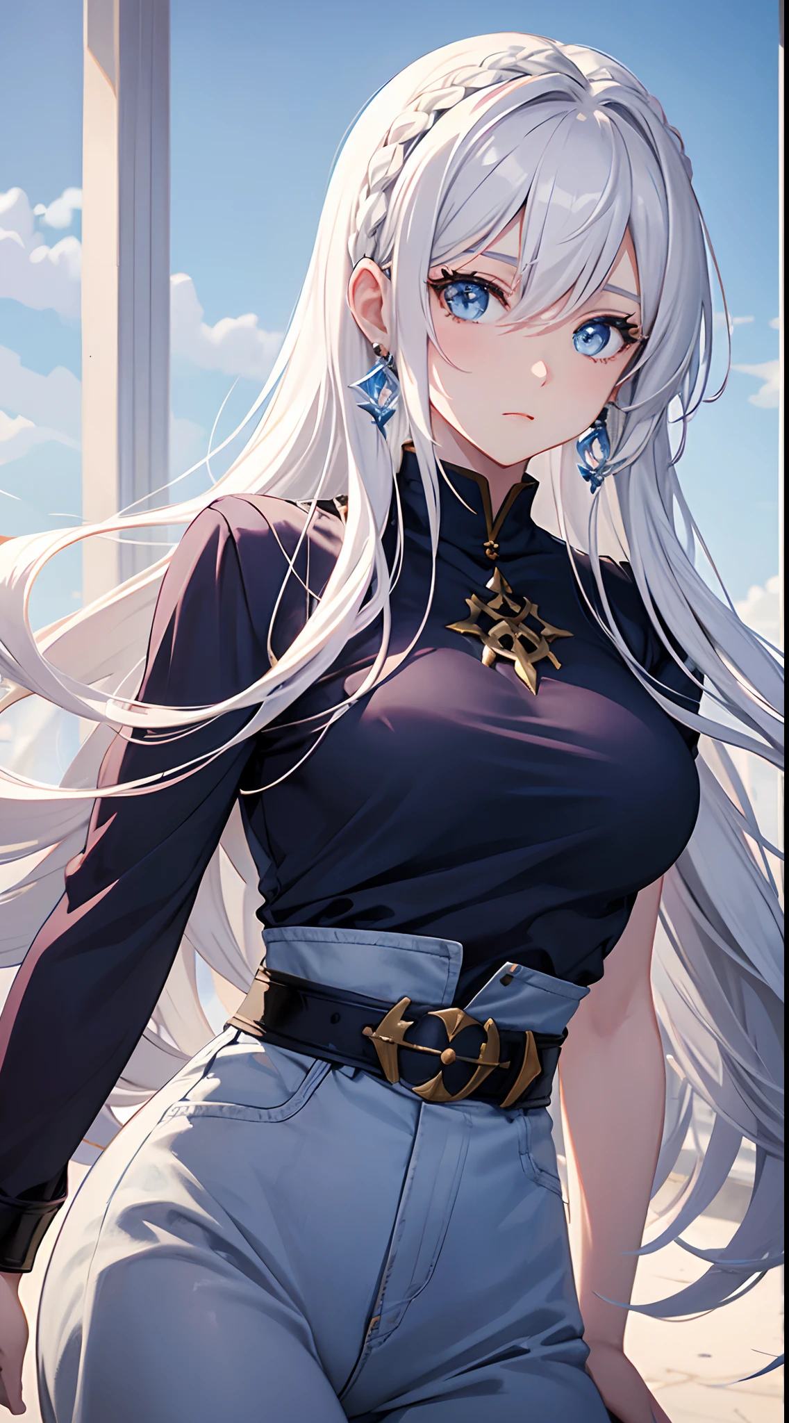 Cover magazine, anime, woman, solo, long hair, white hair, blue eyes, model, beautiful, fantasy, Casual clothes. Hair accessories. Unusual hairstyles. Earrings.