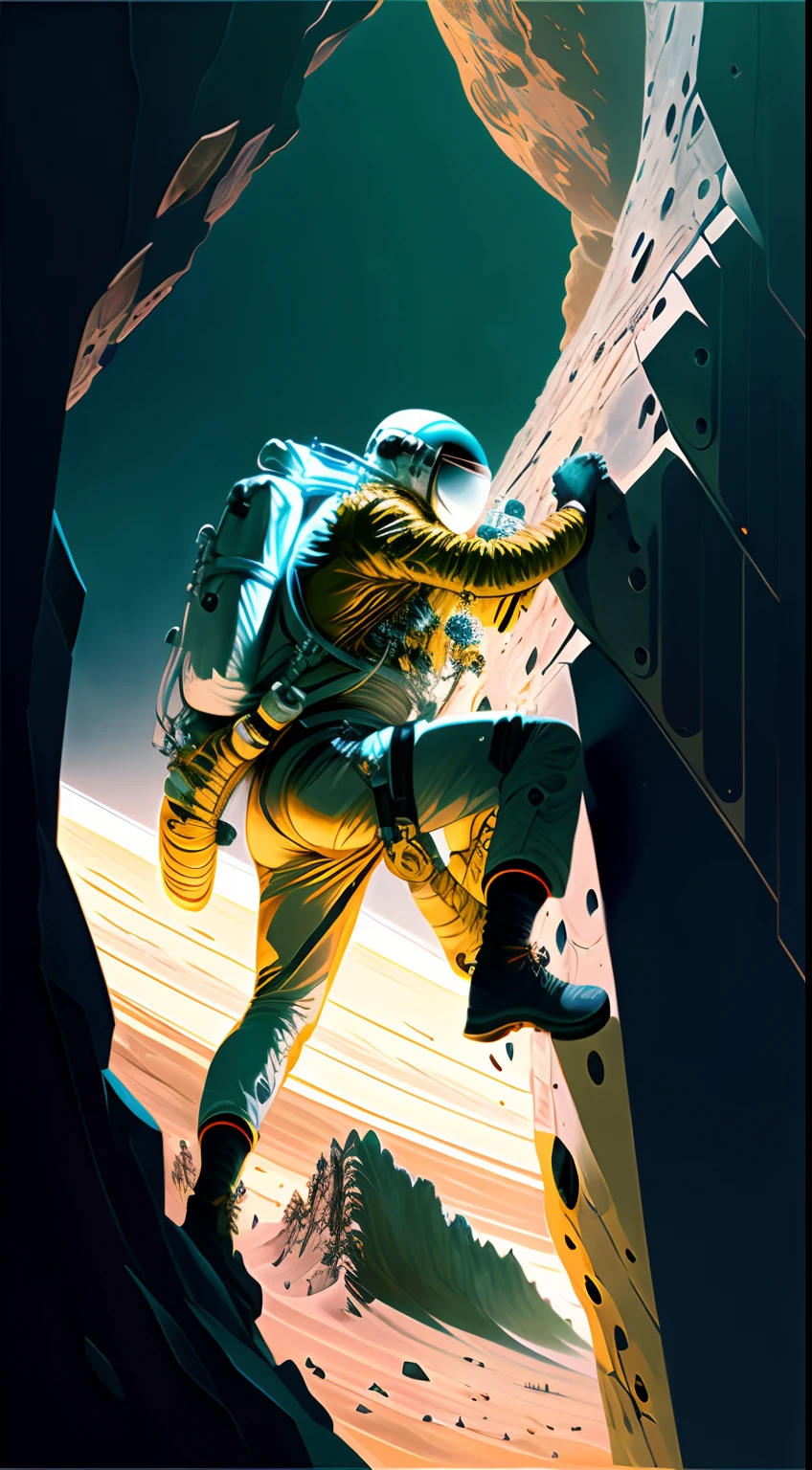 The astronaut, climbing the asteroid