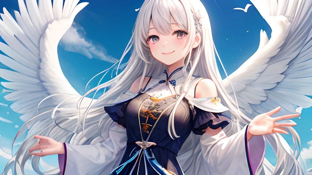 girl with、With background、Skysky、skyporn、blue-sky、angelicales、blanche、kawaii、Wearing a dress、pluma、feathered、A smile、White hair、pluma、angelicales、angelicales