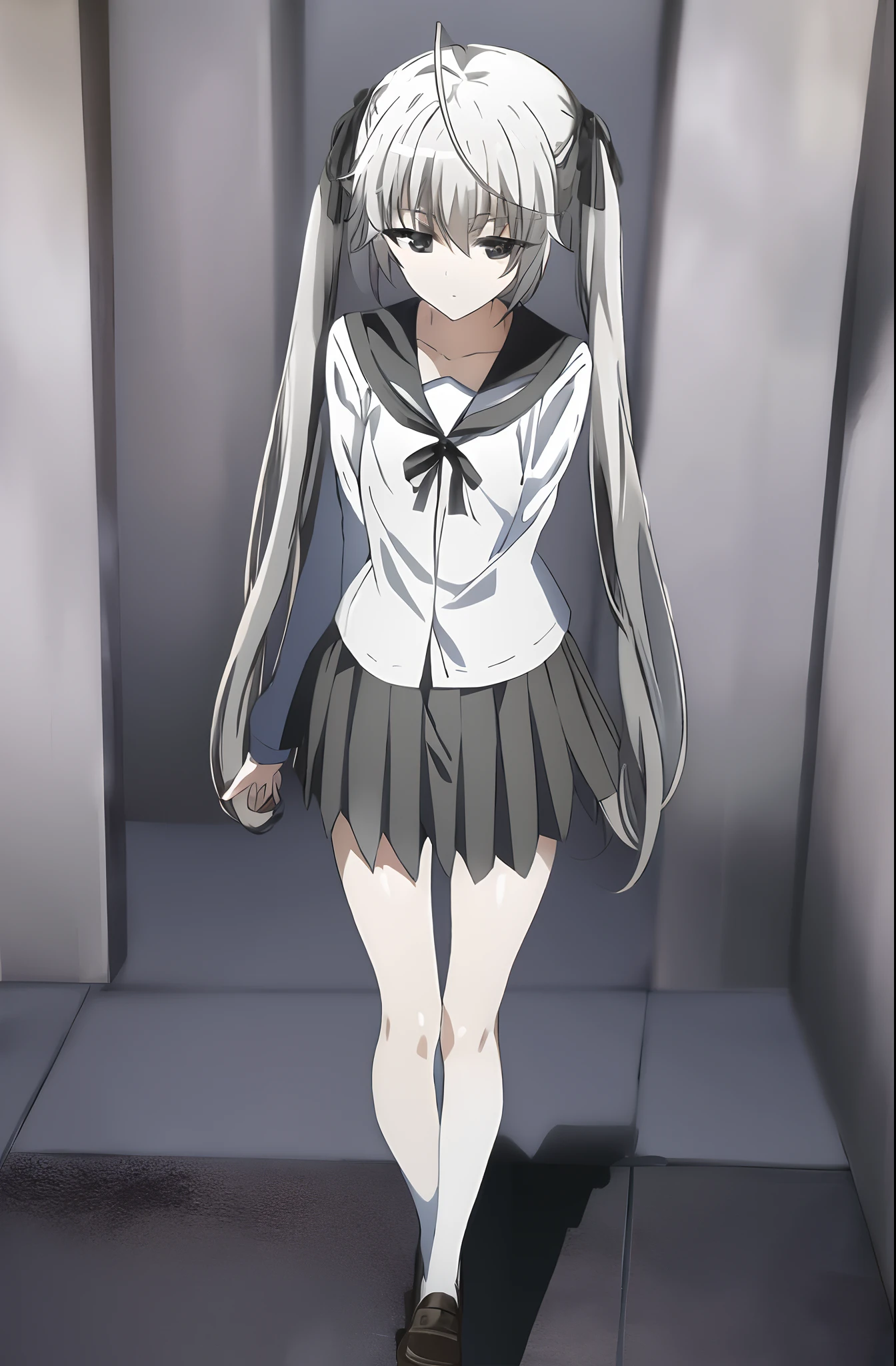 sorakasugano, sora kasugano, ahoge, (black eyes:1.5), hair between eyes, hair ribbon, long hair, twintails, black ribbon, white hair, (flat chest:1.2), BREAK black pantyhose, grey ribbon, grey skirt, long sleeves, miniskirt, pantyhose, pleated skirt, sailor collar, school uniform, serafuku, skirt, white sailor collar, white serafuku, BREAK looking at viewer, BREAK standing in front of car, BREAK outdoors, BREAK (masterpiece:1.2), best quality, high resolution, unity 8k wallpaper, (illustration:0.8), (beautiful detailed eyes:1.6), extremely detailed face, perfect lighting, extremely detailed CG, (perfect hands, perfect anatomy), ((perfect eyes))