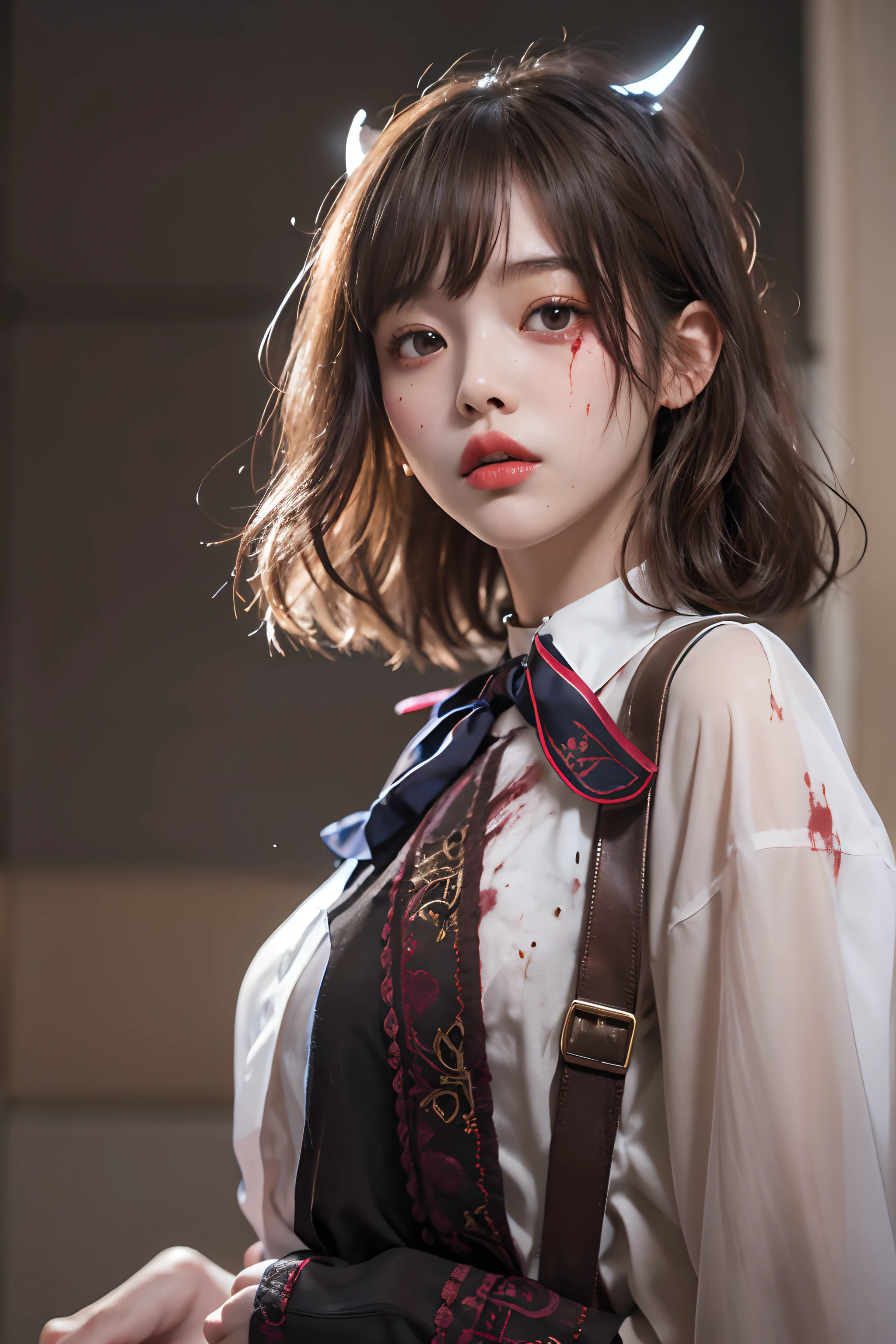 ((Three-Quarter Length))、((1girl in))、(in her 20s)、((Berry Berry Shorthair))、(If the horns are2Hon-grown)、((Pattsun bangs))、((A dark-haired))、((looking at view)、(Schoolgirl Uniform))、(blazers、bow ribbon、Y shirt、high socks)、(Photoreal Stick:1.2)、in 8K、(High quality shadows)、Detail Beautiful delicate face、Detail Beautiful delicate eyes、Cute K-pop Idol、(Korean Urzan Face)、(ulzzang -6500-v1.1:0.6)、gloweyes、perfectbody、Natural color reproduction、Bright red lipstick、(a choker)、((Brown eyes))、Shiny hair、Description beautiful delicate hair、Ruins of concrete、Broken windows、(Standing bloodied in the hallway where the light bulb is about to burn out)、(Japan holding a sword on his back)、