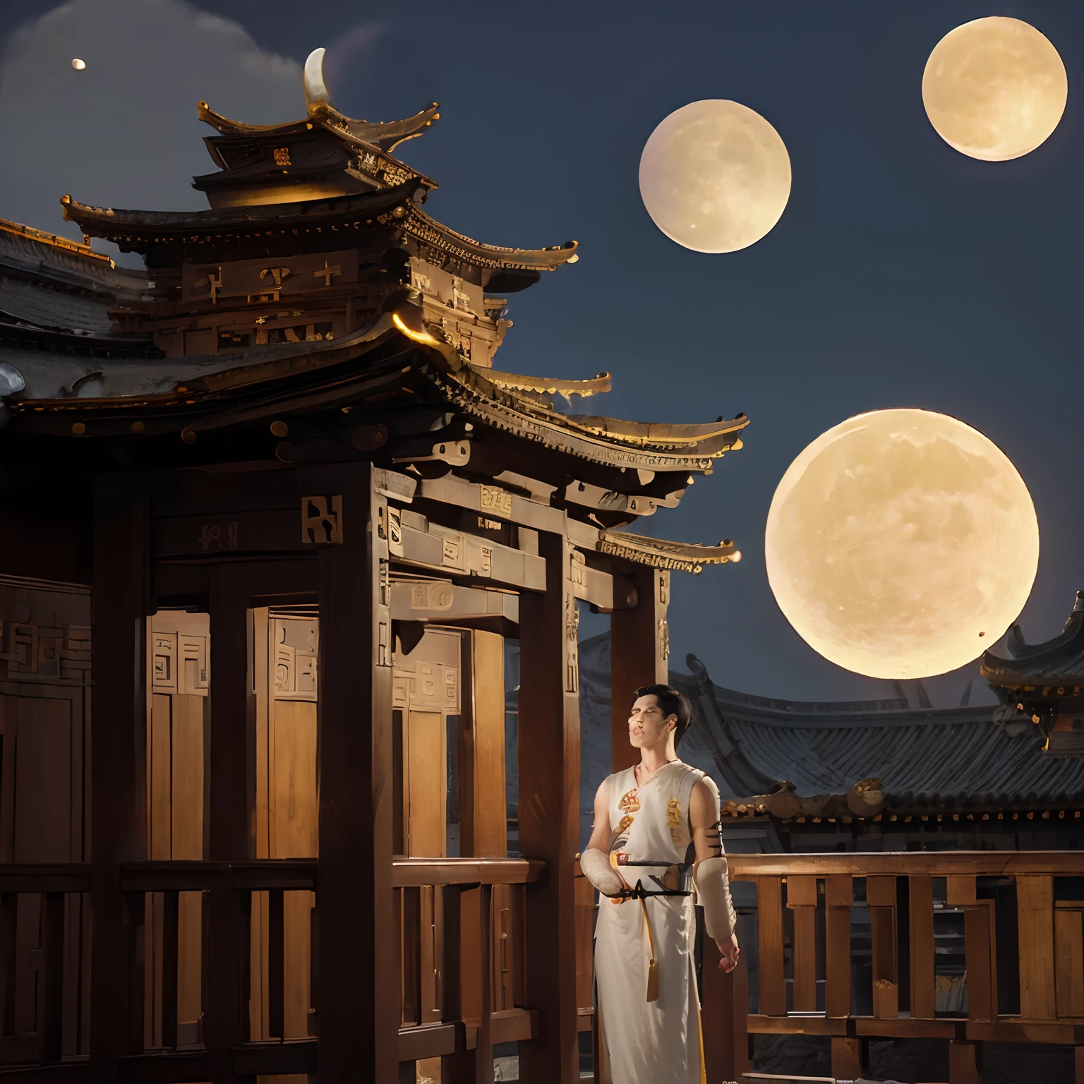 (goden_full_moon:1.8), architecture, bj_ancient_city, bridge, building, castle, cloud, east_asian_architecture, full_moon, moon, night, no_humans, outdoors, pagoda, reflection, scenery, sky, stairs chinese_tower, lake, golden colored thhem, east, delayed photography, realistic scenery, paper carving, virtual engine 5,