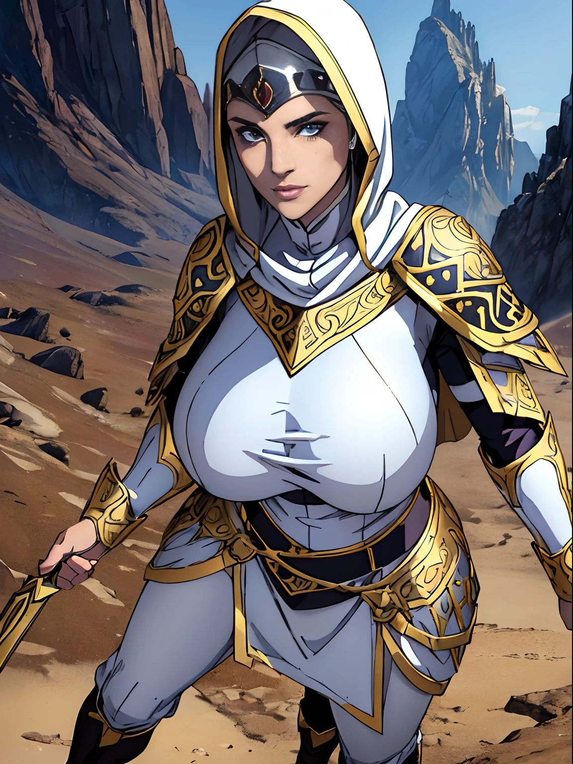 (masterpiece, top quality, best quality, official art, beautiful and aesthetic:1.2), (1girl:1.3), light freckles, fair skin, extremely detailed, portrait, looking at viewer, solo, (full body:0.6), detailed background, close up, (warm grasslands theme:1.1), holy paladin knight, charlatan, smirk, mysterious, swaying in mountains, modest attire, ((((ornate white and gold armor)))), cowl, nun hood, wimple, boob armor, cowl, robe, chain mail, chainmail, leggings, chainmail leggings, chain mail leggings, breastplate, tabard, gorget, hood, pauldrons, greaves, armored, long boots, longsword, shield, cape, cloak, pearly metal, white fabric, pale leather, ((((gigantic breasts)))), slim waist, slim hips, long legs, medieval (mountain exterior:1.1) background, dark mysterious lighting, shadows, magical atmosphere, dutch angle,