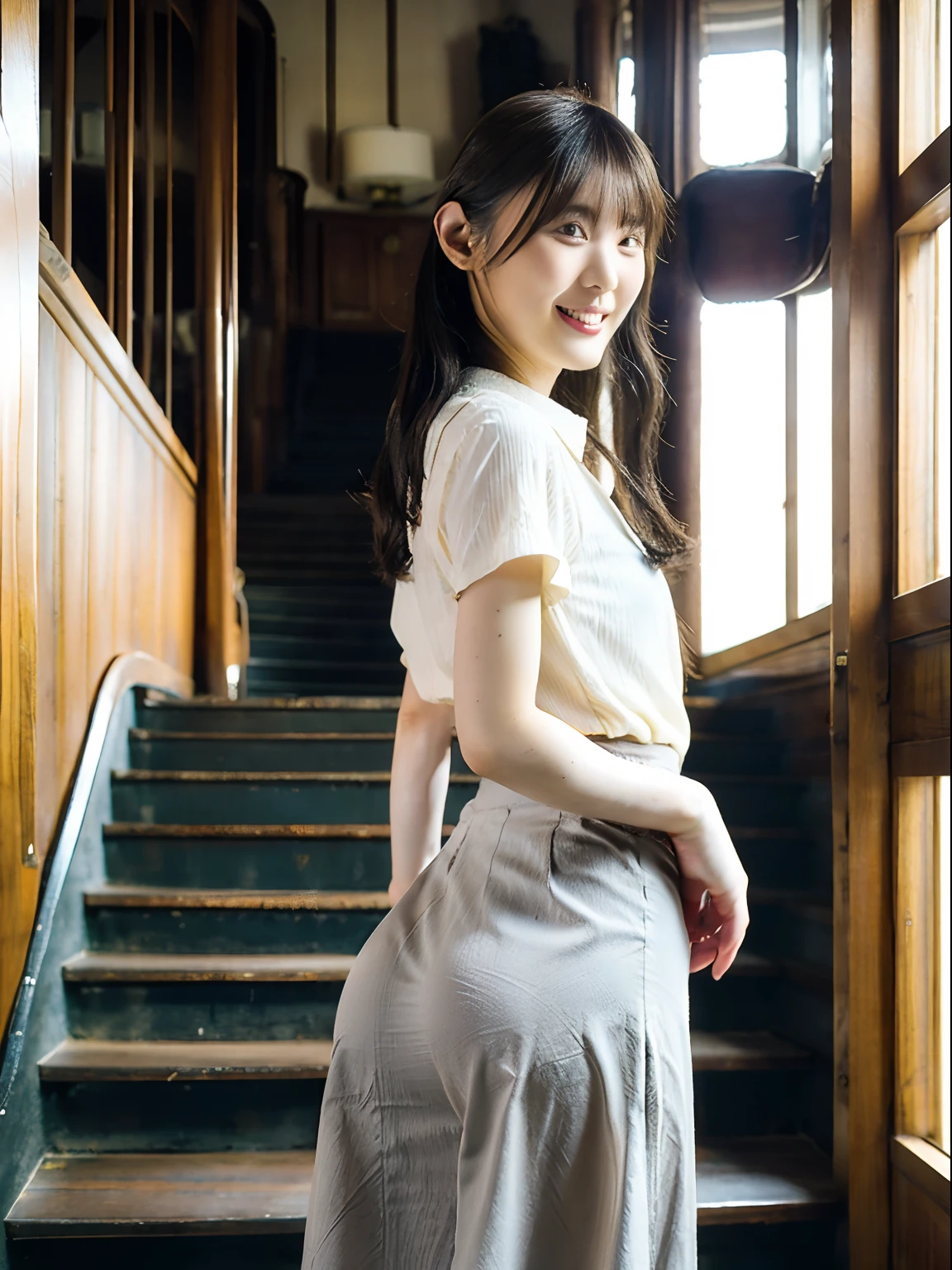 top-quality、超A high resolution、(Photorealsitic:1.4)、***1人、grey skirt、Office stairs、turned around、A little smile、Unusual look、Sexy buttocks、White blouses、Beautiful curved waist constriction、Document Case Retention