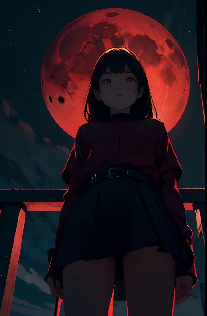 Masterpiece, girl, solo, standing, front, looking down, dark, nigth, sky, (red moon), (((seen from the below))),