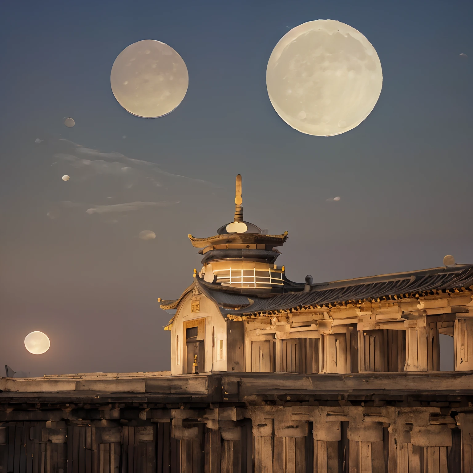 (goden_full_moon:1.8), architecture, bj_ancient_city, bridge, building, castle, cloud, east_asian_architecture, full_moon, moon, night, no_humans, outdoors, pagoda, reflection, scenery, sky, stairs chinese_tower, lake, golden colored thhem, east, delayed photography, realistic scenery, paper carving, virtual engine 5,