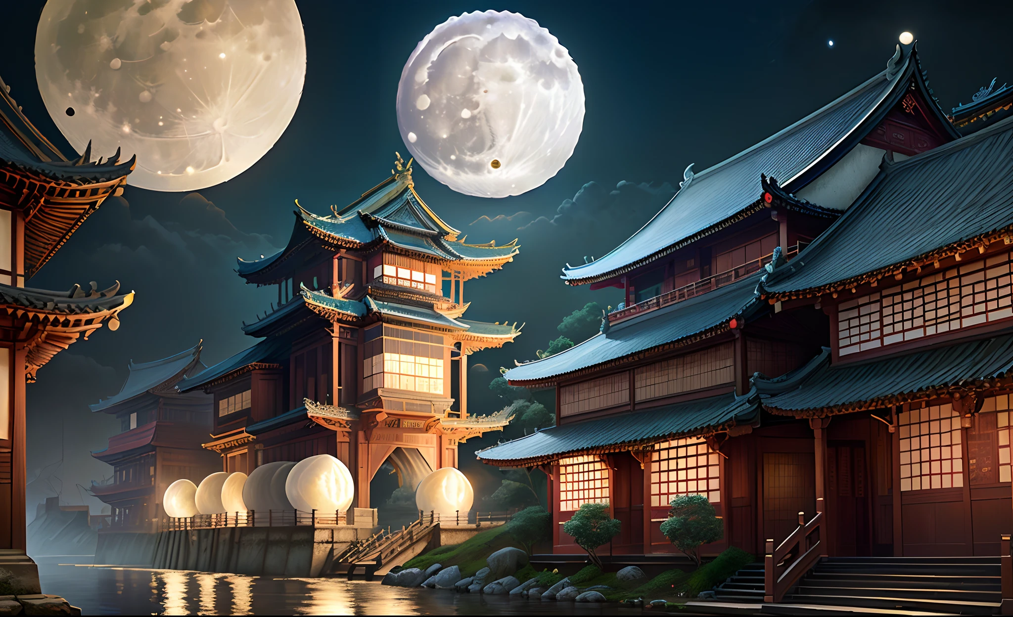 (goden_full_moon:1.8), architecture, bj_ancient_city, bridge, building, castle, cloud, east_asian_architecture, full_moon, moon, night, no_humans, outdoors, pagoda, reflection, scenery, sky, stairs chinese_tower, lake, golden colored thhem, east, delayed photography, realistic scenery, paper carving, virtual engine 5,