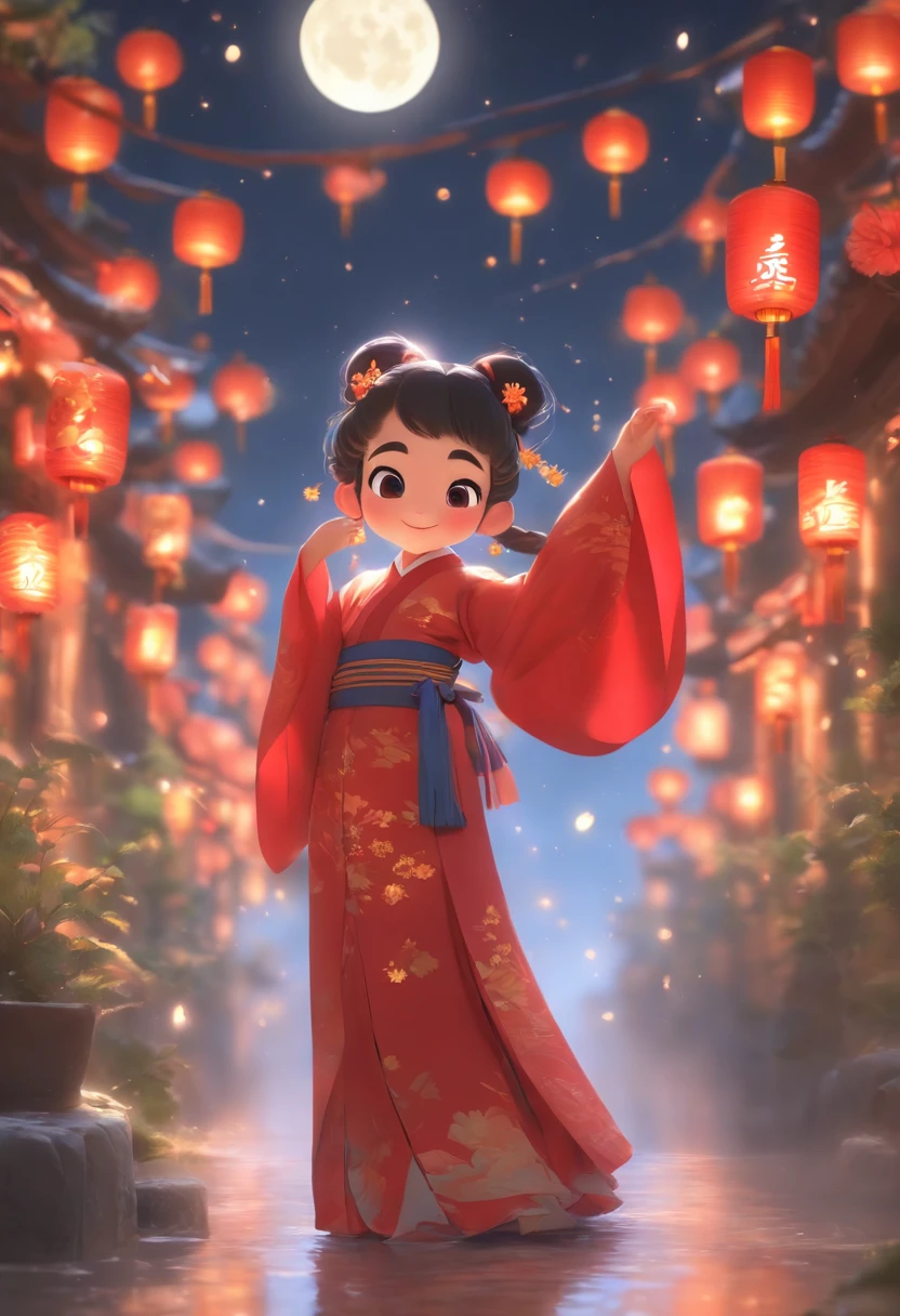Super cute little anthropomorphic,Wearing a red Chinese Hanfu in Pixar style, she's a princess,she is walking,Ela olhou em volta,apreciando a paisagem,She loves the mid-autumn festival celebrations,The background is a starry sky and a full moon, Olhos grandes encantadores,cauda bonito,super realistic,Super Detalhe,luxuoso,elegante,gorgeous,illusory engine,rendering by octane, 8k,Raio V,super realistic