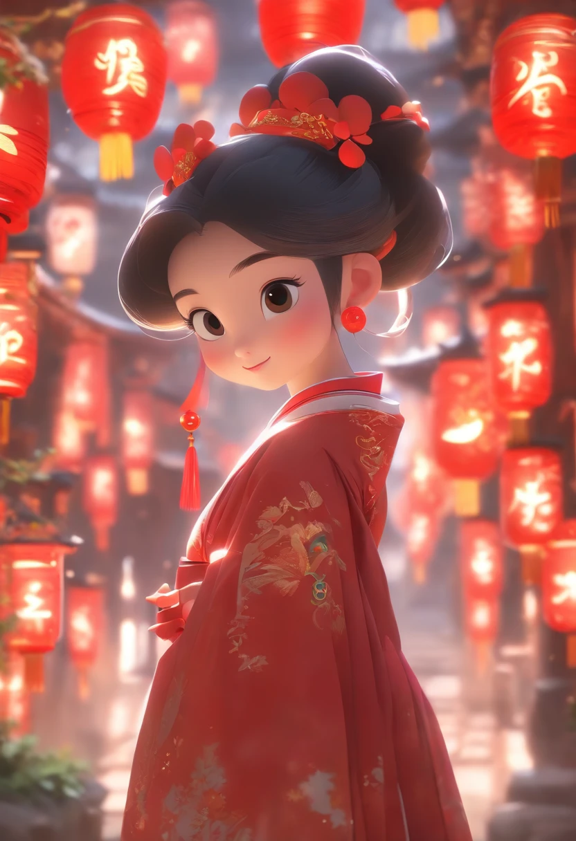 Super cute little anthropomorphic，Wearing a red Chinese Hanfu in Pixar style, she's a princess，she is walking，Ela olhou em volta，apreciando a paisagem，She loves the mid-autumn festival celebrations，The background is a starry sky and a full moon， Olhos grandes encantadores,cauda bonito,super realistic,Super Detalhe,luxuoso,elegante,gorgeous,illusory engine,rendering by octane, 8k,Raio V，super realistic