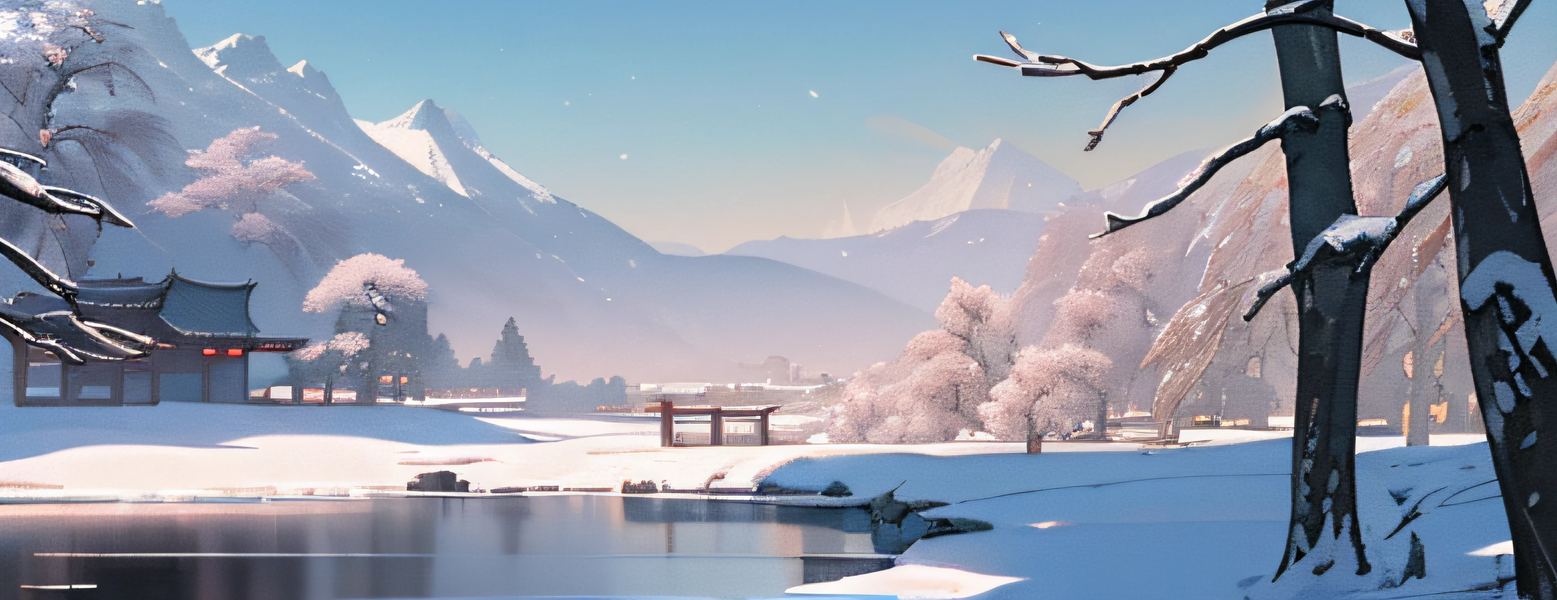 Masterpiece, best quality, high quality, extremely detailed CG unity 8k wallpaper, classical Chinese garden, medieval painting, landscape, winter, ((snow)), outdoor, sky, daytime, water, tree, blue sky, nature, lake, river, cloudy sky, award winning photography, bokeh, depth of field, HDR, bloom, chromatic aberration, realism, very detailed, trends on artstation, trends on CGsociety, intricate, high detail, dramatic, Midjourney art, ink painting style