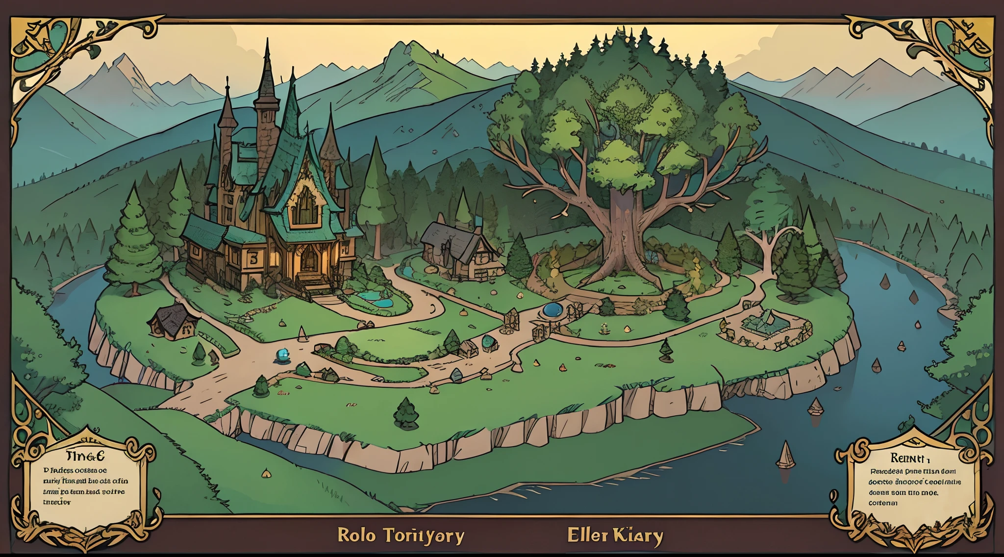 Masterpiece, Forest City, Elven Kingdom, Underwood, giant tree, rivendell, Elven Kingdom, Scary forest, city map, Role play the city, bird's eyes view, Faraway view, Away from the location, Distant view, Forest farm, Rustic style house, tree house, House on top of a tree, Magic Forest, Ideate art ,fantasy, roleplaying，Fantasy cartography，Game map，Detailed map，D＆D style fantasy map design