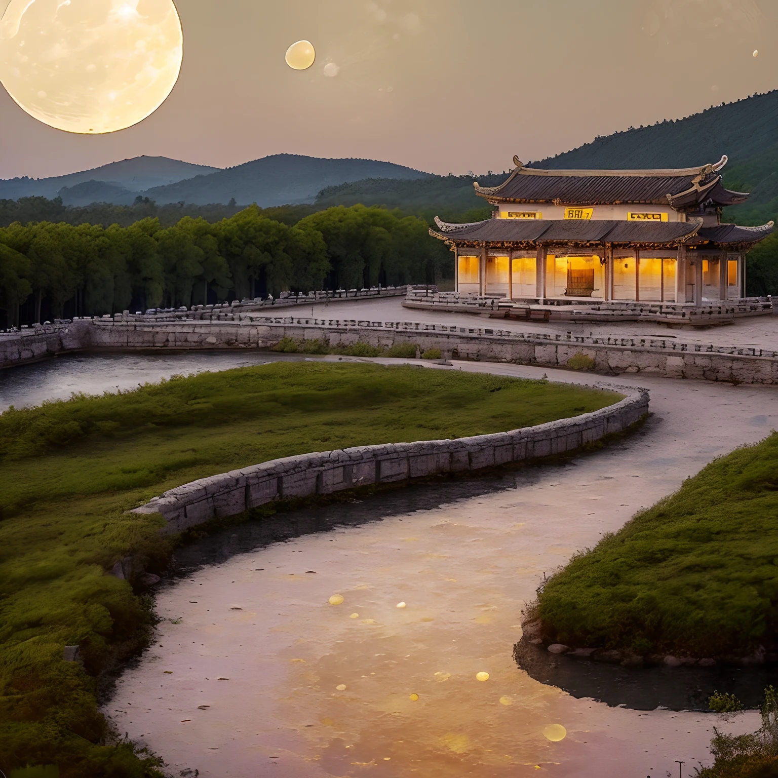 (goden_full_moon:1.8), architecture, bj_ancient_city, bridge, building, castle, cloud, east_asian_architecture, full_moon, moon, night, no_humans, outdoors, pagoda, reflection, scenery, sky, stairs chinese_tower, lake, golden colored thhem, east, delayed photography, realistic scenery, paper carving, virtual engine 5,