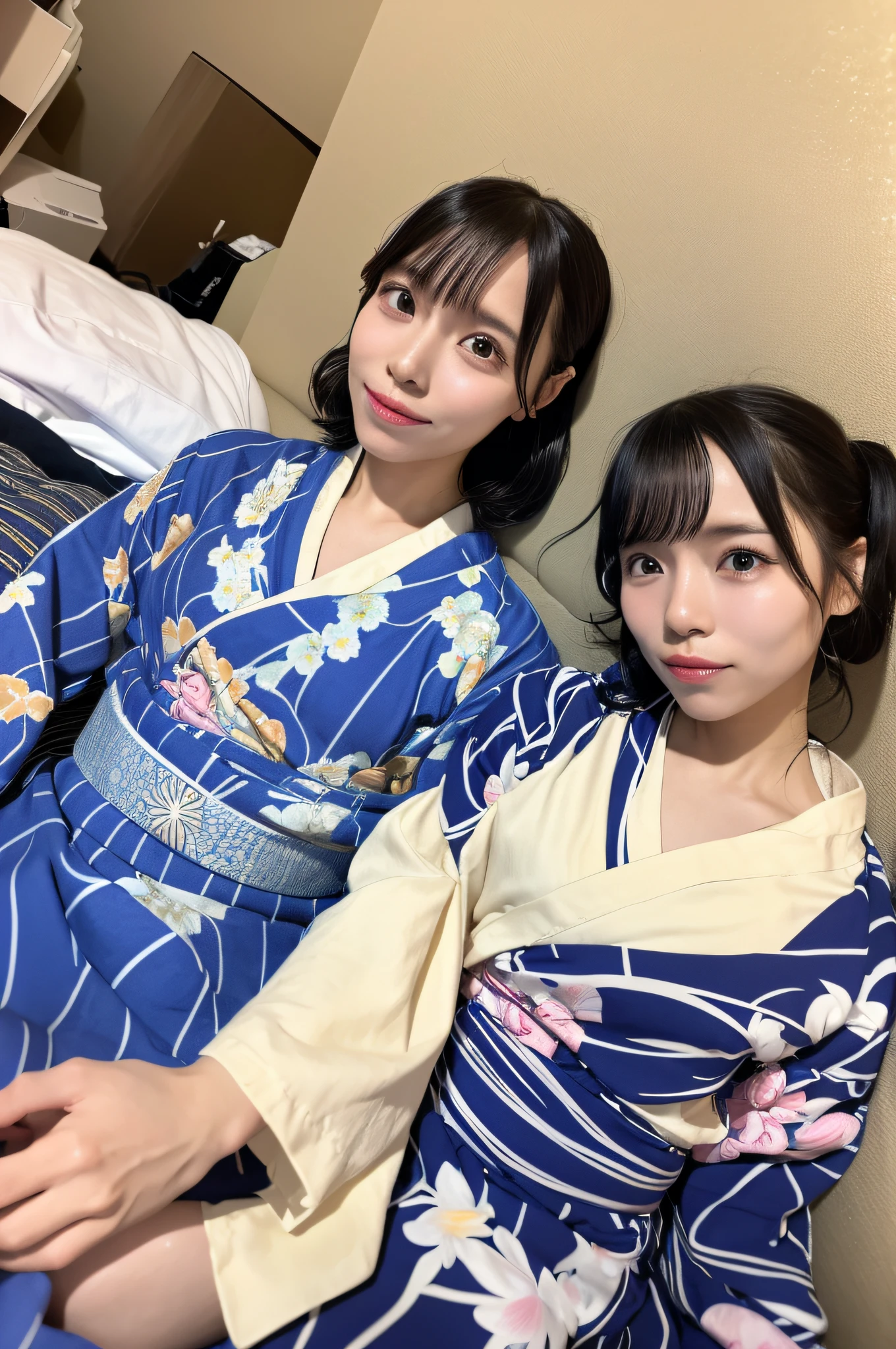 of the highest quality, Photorealistic, 8K, High resolution, 1 girl, Female, (medium breasts: 1.8), inn, Yukata, , ((Japan, Yukata, No bra)), Bronze hair, slightly shorter hairstyle, Slouched, (Lying on your back on a futon)), Legs open,