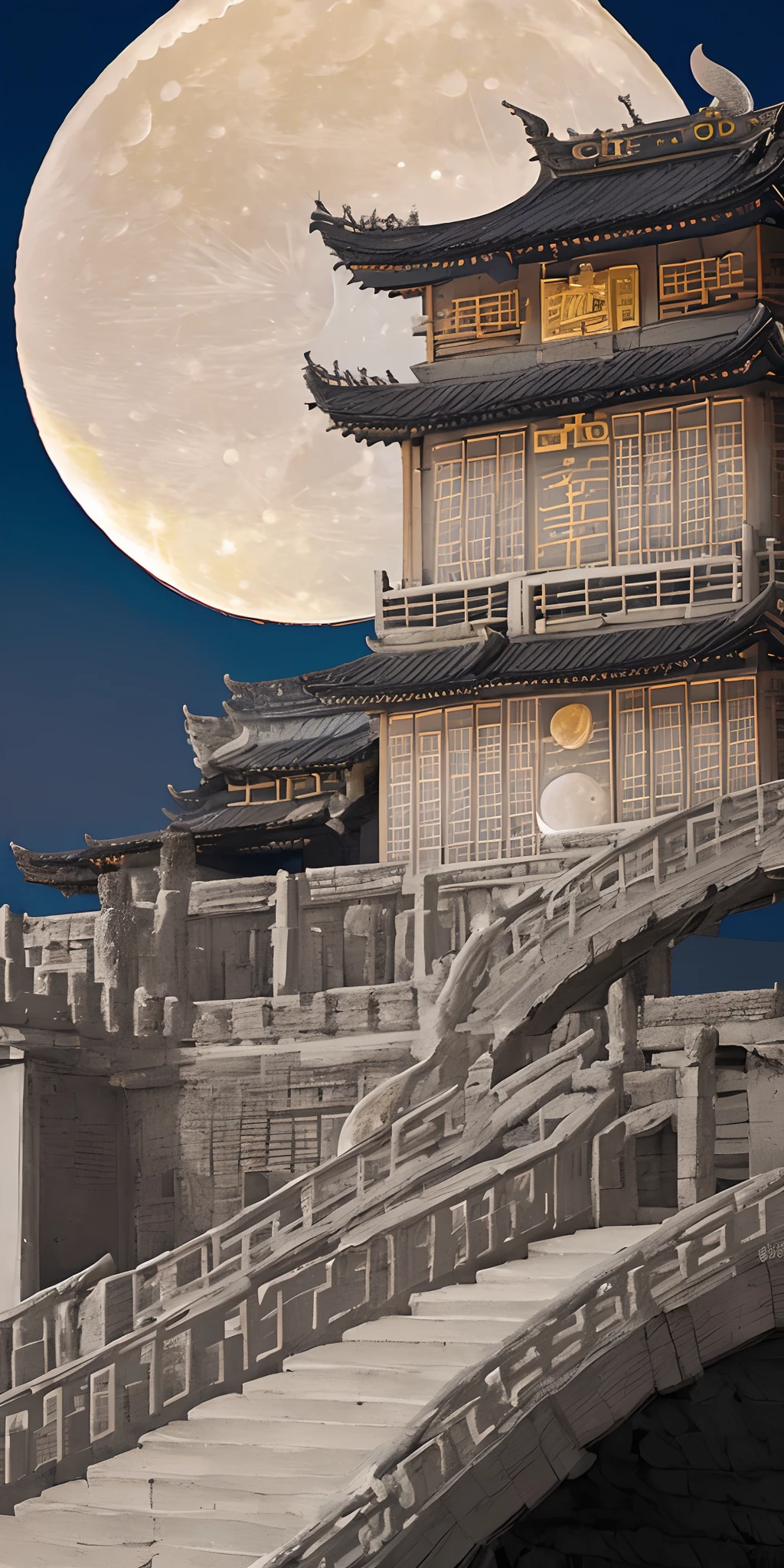 (goden_full_moon:1.8), architecture, bj_ancient_city, bridge, building, castle, cloud, east_asian_architecture, full_moon, moon, night, no_humans, outdoors, pagoda, reflection, scenery, sky, stairs chinese_tower, lake, golden colored thhem, east, delayed photography, realistic scenery, paper carving, virtual engine 5,