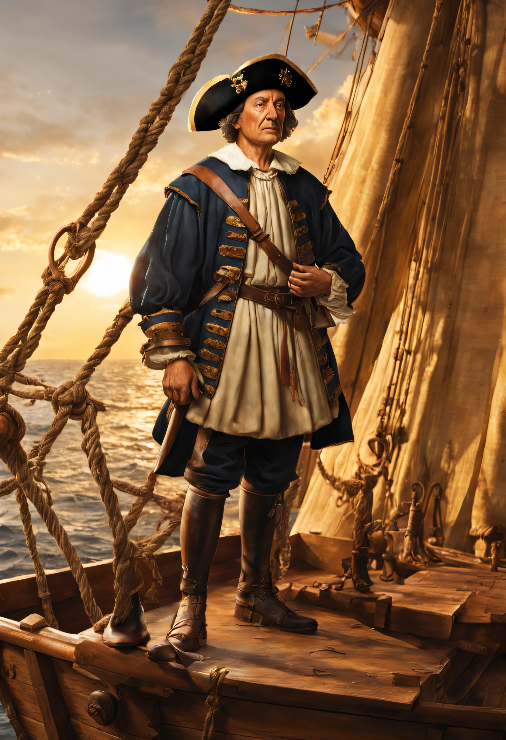 Certainly, here's a photorealistic prompt for Christopher Columbus:
"Create a photorealistic depiction of Christopher Columbus, capturing every intricate detail of the explorer's face, attire, and surroundings. Christopher Columbus stands on the weathered deck of the Santa Maria, bathed in the soft, golden light of the setting sun. His rugged, sun-kissed skin shows the wear and tear of his countless adventures, and his eyes reveal a mix of determination and anticipation. The ship's timbers and rigging display the patina of age, emphasizing the historical authenticity of the scene. Every thread in Columbus's clothing and every texture in the ship's woodwork should be meticulously rendered to transport viewers to the very moment of discovery."