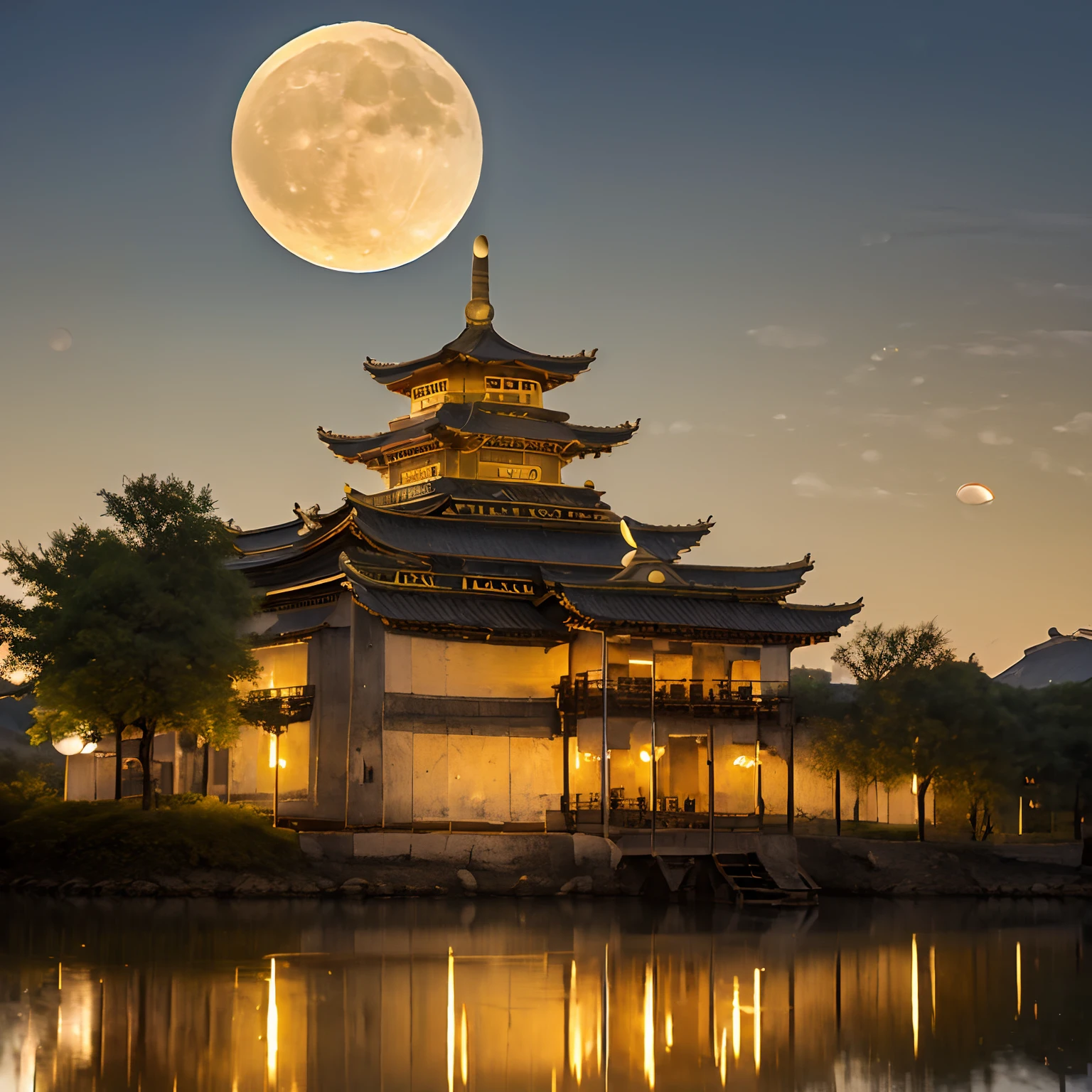 Big Wild Goose Pagoda in ancient China，Panorama Figures，festive atmosphere，The moon hangs high，full of lights, Cities in the air，Chinese style architecture，High angle view, Multiple characters