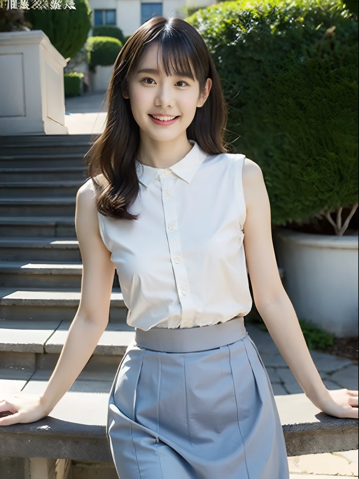 top-quality、超A high resolution、(Photorealsitic:1.4)、***1人、grey skirt、Office stairs、turned around、A little smile、Unusual look、Sexy buttocks、White blouses、Beautiful curved waist constriction、Document Case Retention