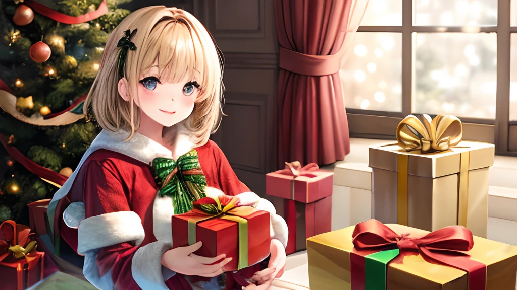girl with、Pedras preciosas、With background、Christmas tree、yuki、kirakira、doress、ren、Christmas、santa claus、present、a blond、Golden hair、Have a gift