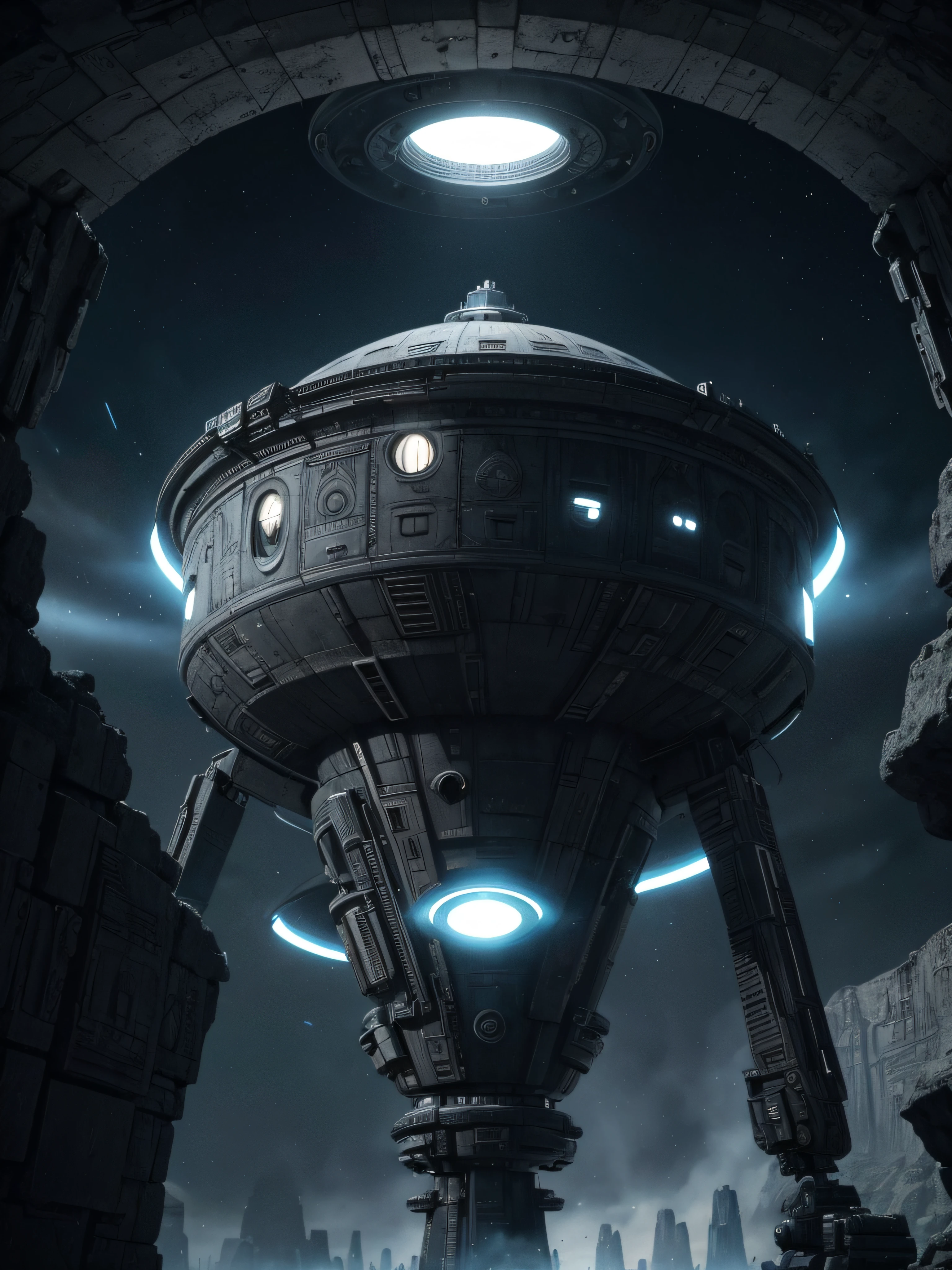 aliens coming out of space ship, typical grays with big black eyes small nose, ready for contact of the first type, Inca temples on the background art 8 k, octane trending, 8k, octane made in unreal engine 5, (best quality，ultra - detailed, Illustration，Best shadow，masterpiece，A high resolution，professional artwork，famous artwork