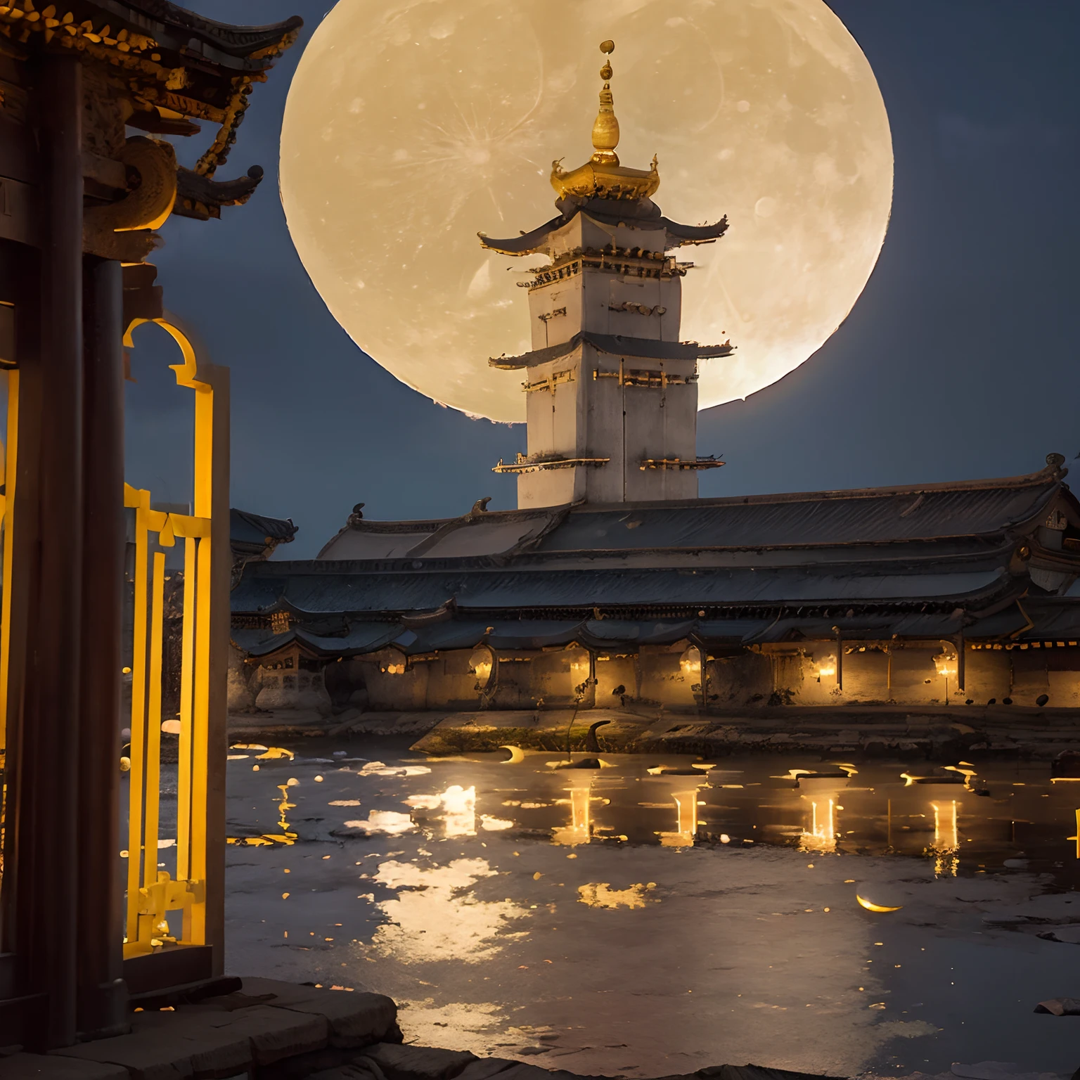 (goden_full_moon:1.8), architecture, bj_ancient_city, bridge, building, castle, cloud, east_asian_architecture, full_moon, moon, night, no_humans, outdoors, pagoda, reflection, scenery, sky, stairs chinese_tower, lake, golden colored thhem, east, delayed photography, realistic scenery, paper carving, virtual engine 5,