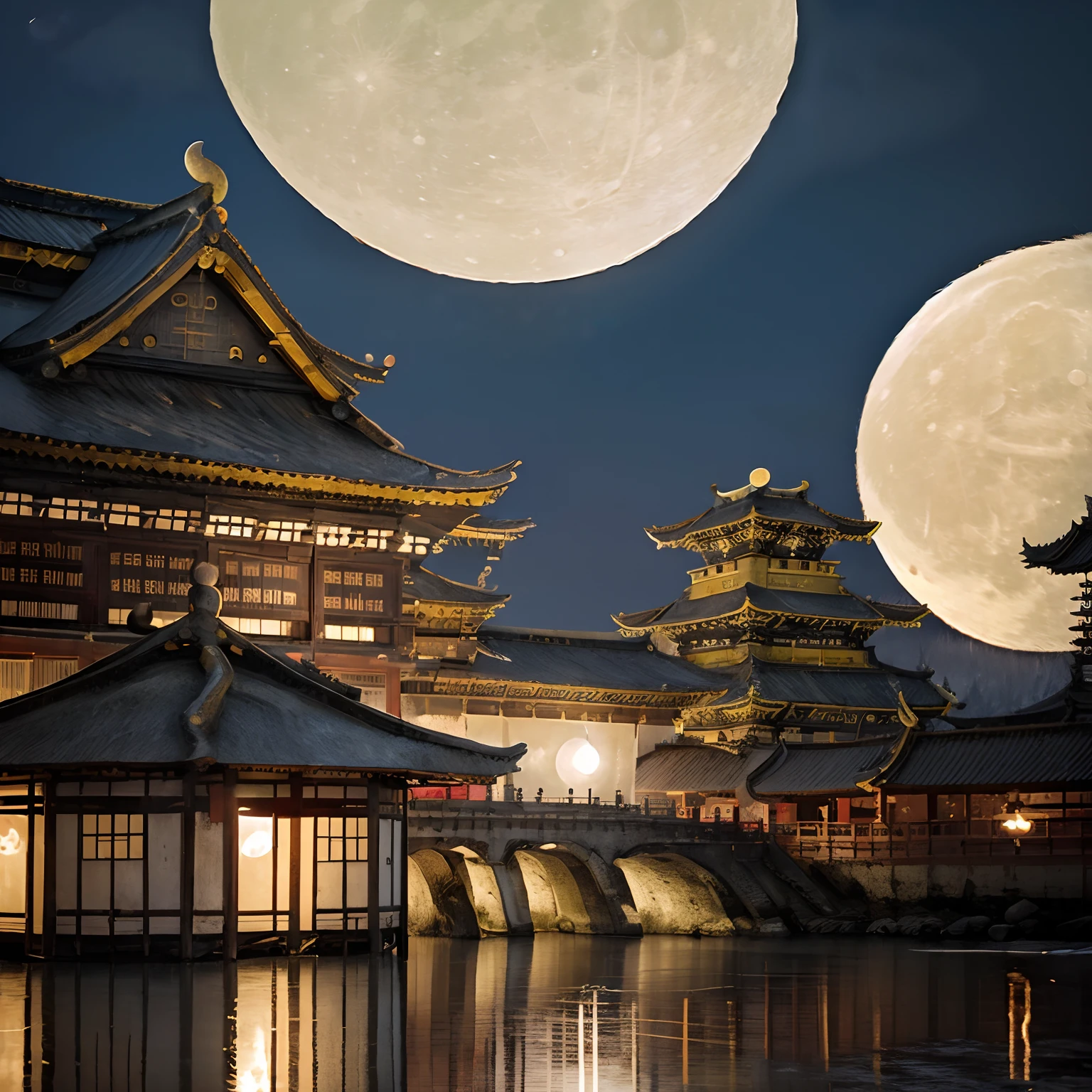 (goden_full_moon:1.8), architecture, bj_ancient_city, bridge, building, castle, cloud, east_asian_architecture, full_moon, moon, night, no_humans, outdoors, pagoda, reflection, scenery, sky, stairs chinese_tower, lake, golden colored thhem, east, delayed photography, realistic scenery, paper carving, virtual engine 5,