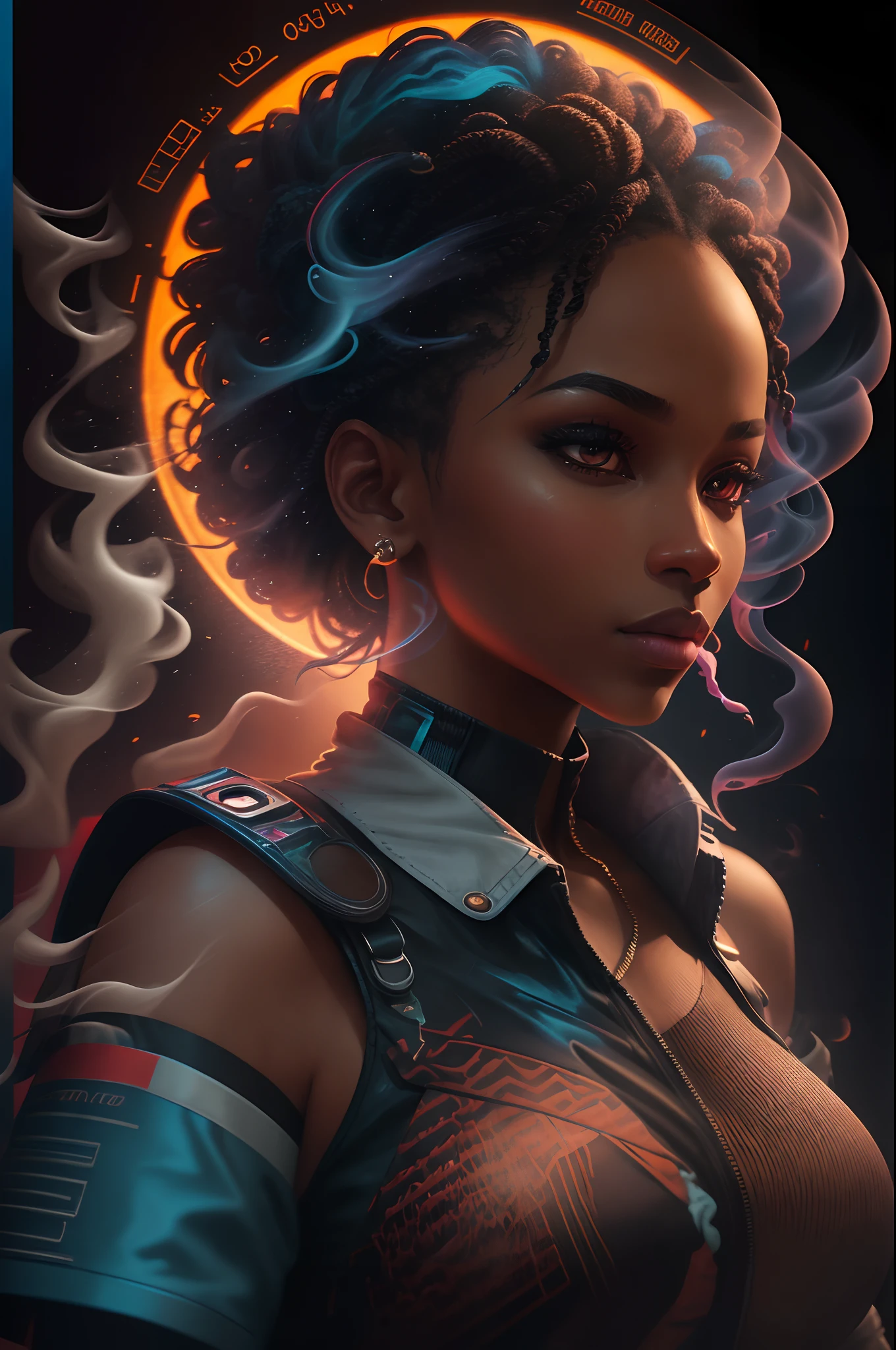 by royo, hyperdetailed, hyperrealistic, vivid portrait of an African woman, in a neon lit African  outfit with vibrant colors, exaggerated shoulder pads, and bold accessories. Striking a powerful pose with an intense gaze, surrounded by a halo of smoke in tones that enhance her expression. Standing in a QR CODE museum lit by red and blue lights, with the smoke mimicking waves, matching the colors of her outfit. Perfect composition, exquisite attention to small details, realistic reflections, UHD, 32k, ultra-detailed texture, volumetric light, cinematic effects, masterpiece, trending on ArtStation, Octane 3D rendering --auto --s2