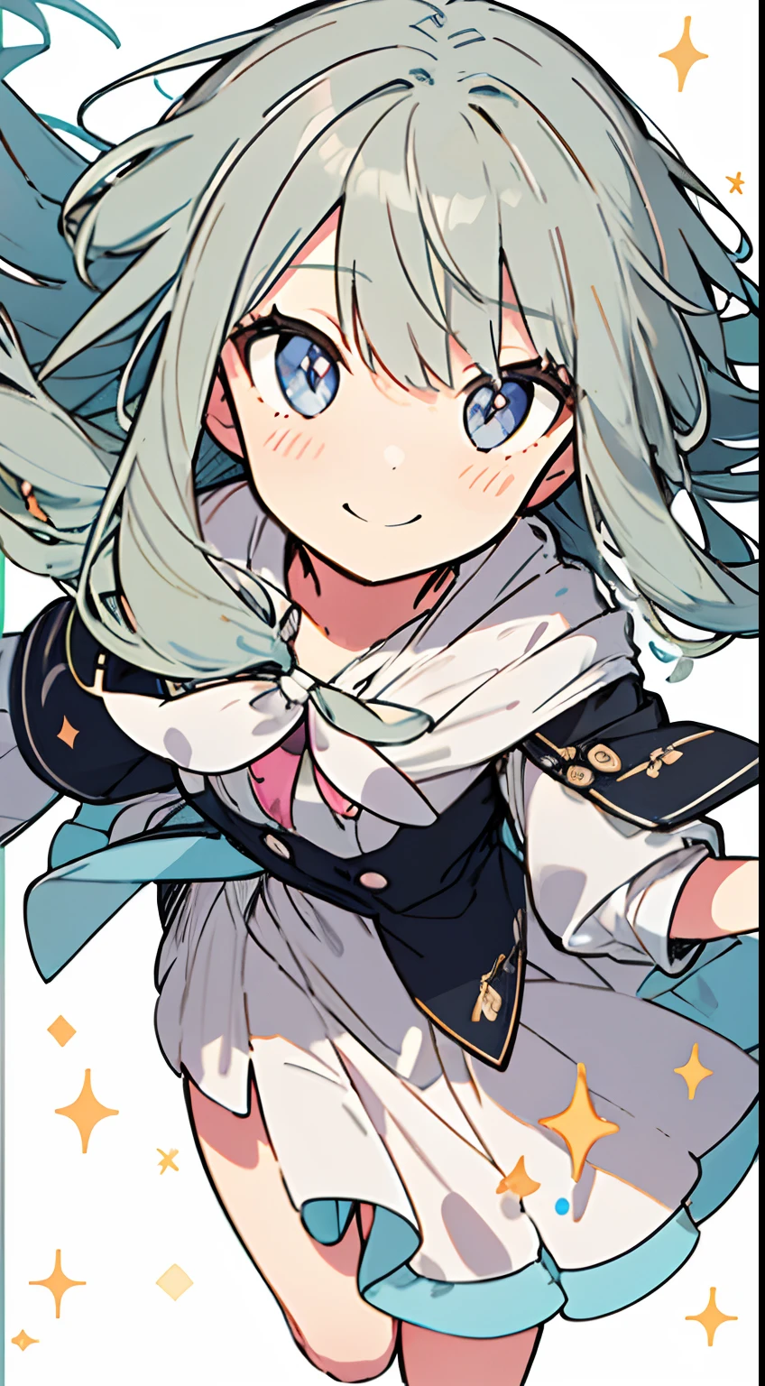 masutepiece, Best Quality,Illustration, Wallpaper, ultra -detail, Absurd beauty, 1beautiful girl、Big eyes with sparkly、Hair fluttering in the wind、XD、Smaller head、miscievous smile、Angle looking up from below、Angle from which you can see the whole body