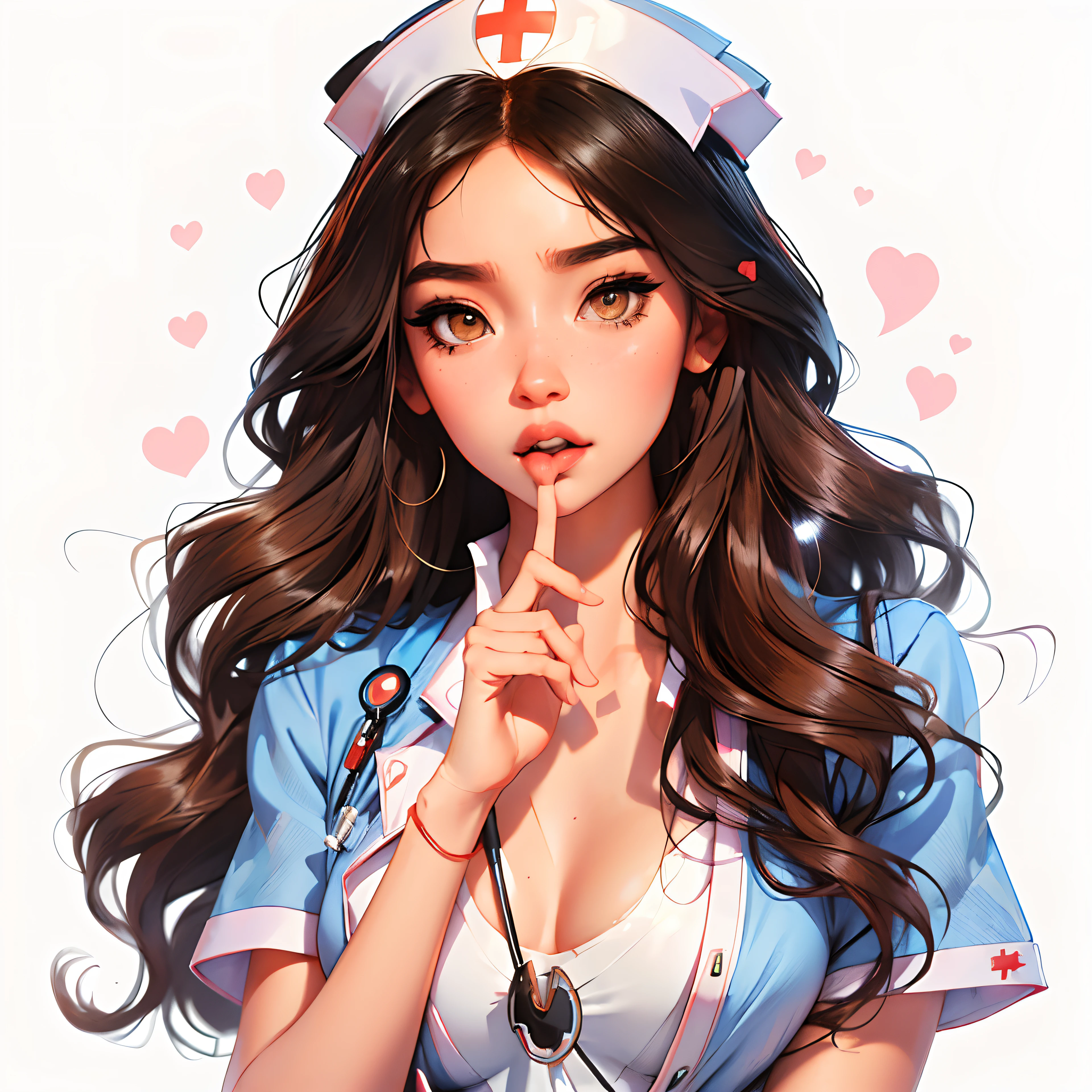 Anime girl with long hair and a nurse's uniform putting her finger to her lips, nurse girl, Artgerm. Anime illustration, ! dream artgerm, Modelo IG | Artgerm, :: RossDrew, enfermera, Estilo Artgerm, Artgerm extremadamente detallado, Como Artgerm, Lindo arte digital detallado, Obras de arte al estilo de Guweiz