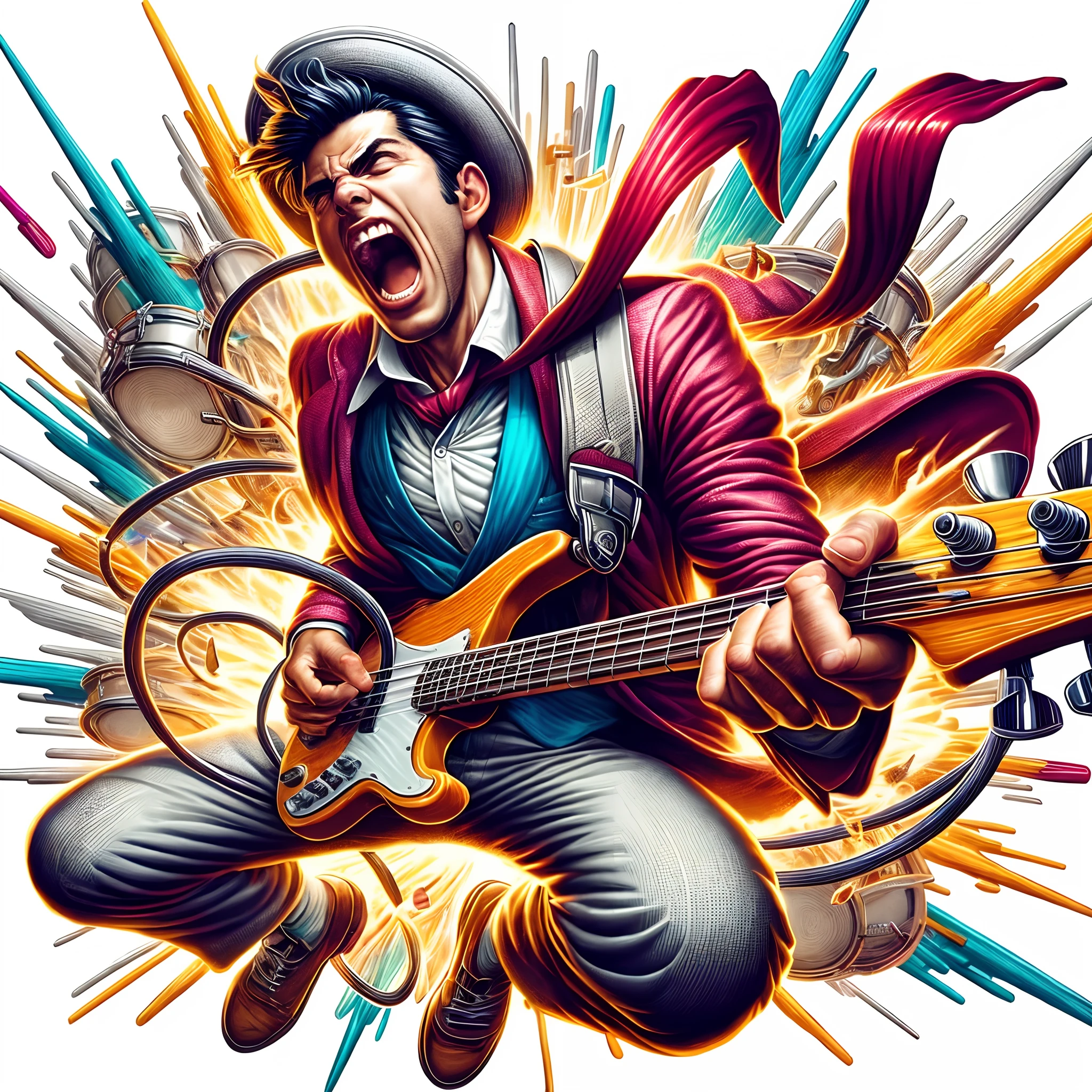 Close-up of a man playing guitar with a lot of things around, rocking out, epic full color illustration, art of alessandro pautasso, epic digital art illustration, cyril rolando and goro fujita, full color digital illustration, Randy Gallegos, he is a rockstar, promotional artwork, in style of digital illustration, 3 d epic illustrations