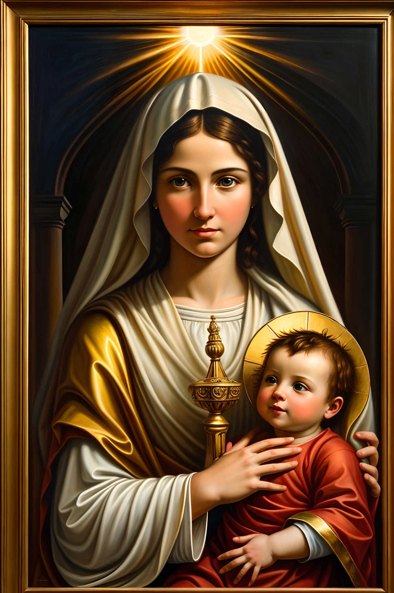 Virgin of Carmen with the child, with a white cape and brown tunic, the Virgin of Carmen, with white tunic the child, realist, The Virgin of Carmen with many golden accessories, beautiful, The Virgin of Carmen with a crown, the Virgin of Carmen has an angelic and porcelain face, the virgin of Carmen standing, that the entire body of the Virgin of Carmen be shown, that the Virgin of Carmen be shown from head to toe