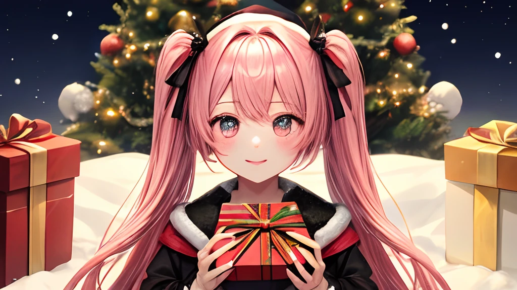 girl with、Pedras preciosas、With background、Christmas tree、yuki、kirakira、doress、ren、Christmas、santa claus、present、Pink hair、Pink hair、Twin-tailed、Have a gift