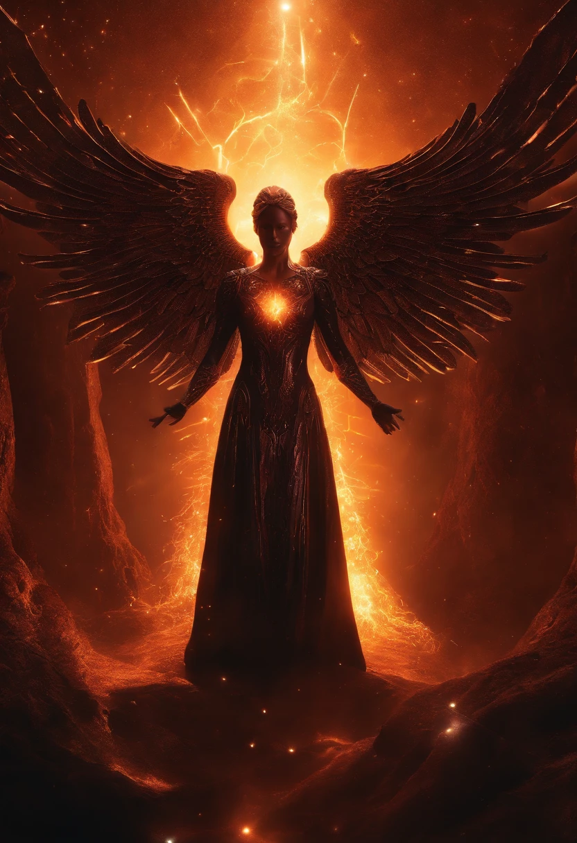 Cosmic Fallen Angel, glowing light eyes, Biomechanical, eerie, Creepy, nightmarish, Very bright colors, Light particles, with light glowing, Mshiff, wallpaper art, UHD wallpaper, cinematic styles, cinematic lights