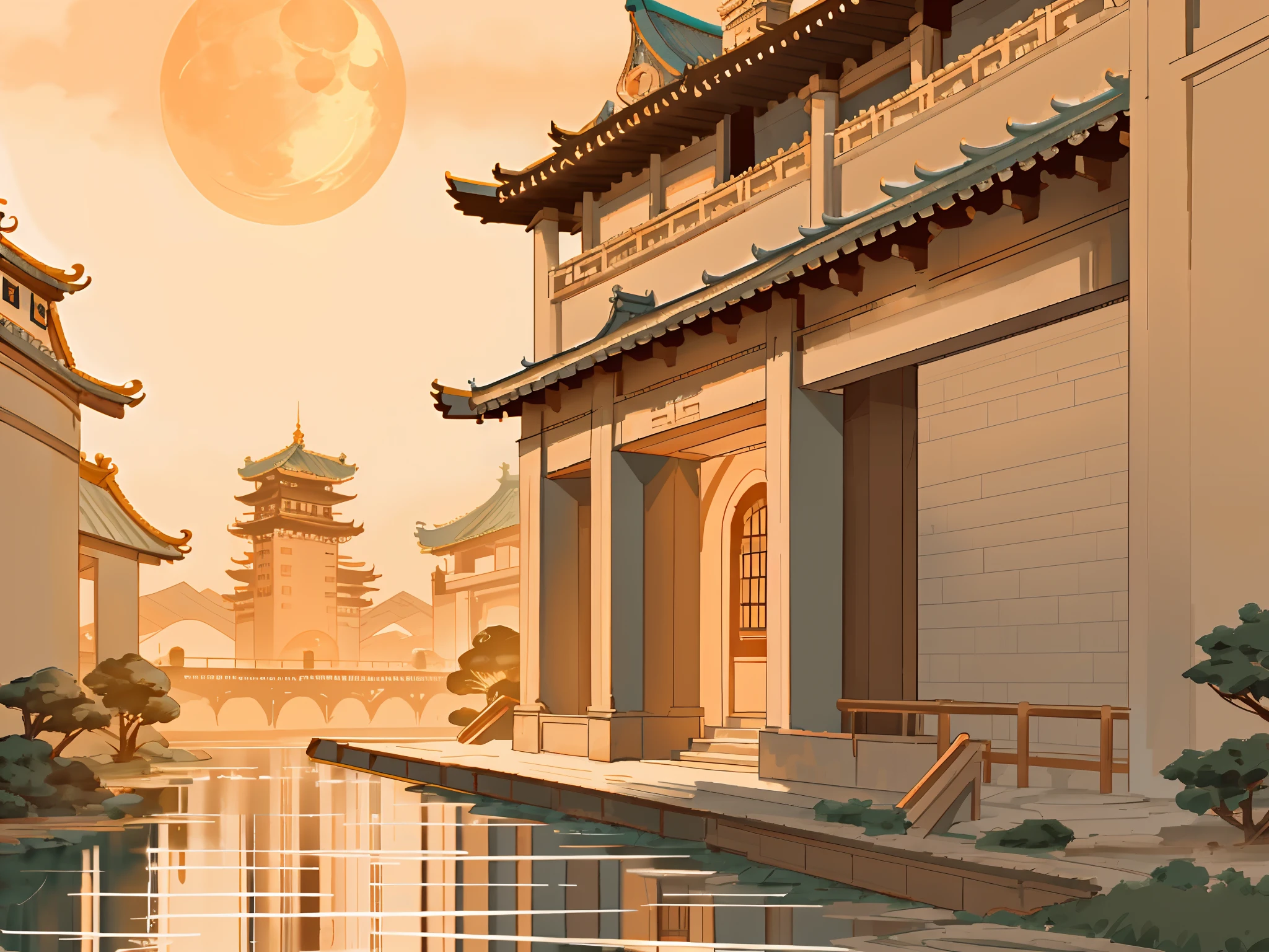 (goden_full_moon:1.8), architecture, bj_ancient_city, bridge, building, castle, cloud, east_asian_architecture, full_moon, moon, night, no_humans, outdoors, pagoda, reflection, scenery, sky, stairs chinese_tower, lake, golden colored thhem, east, delayed photography, realistic scenery, paper carving, virtual engine 5,