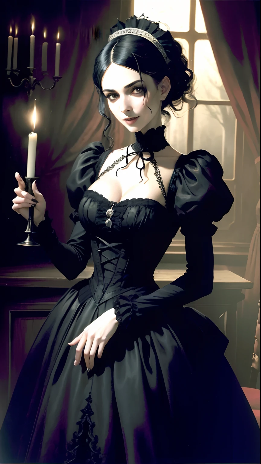 A Gothic Victorian Vampire. Dark room by candlelight. (dente:1.6) , kkw-pele-det-todos_Checkpoint_pele_detalhe_-_pele_detalhe_v1.0, geraldetalhe-detalhe_++_-_Geral_detalhe , cotton dress