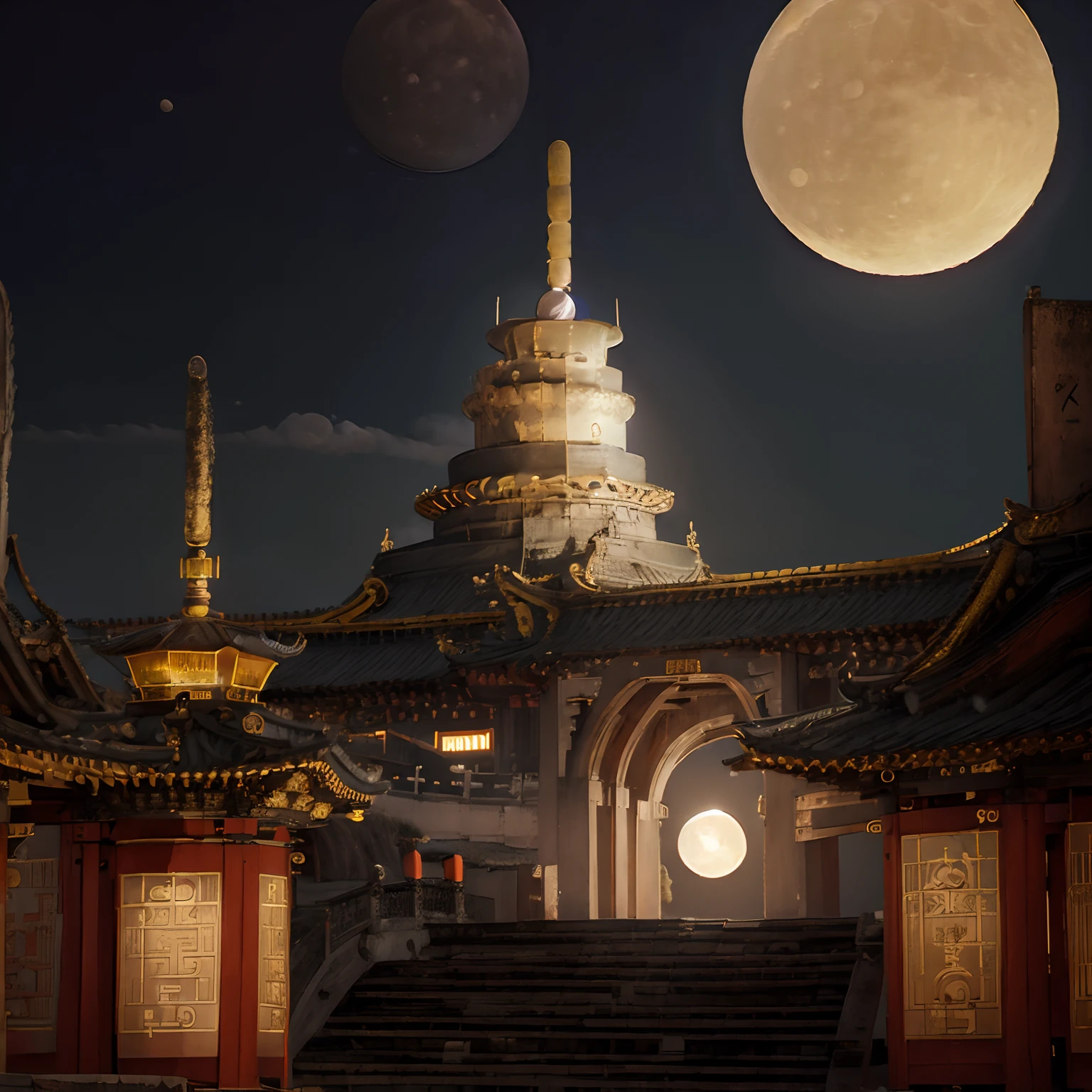 (goden_full_moon:1.8), architecture, bj_ancient_city, bridge, building, castle, cloud, east_asian_architecture, full_moon, moon, night, no_humans, outdoors, pagoda, reflection, scenery, sky, stairs chinese_tower, lake, golden colored thhem, east, delayed photography, realistic scenery, paper carving, virtual engine 5,