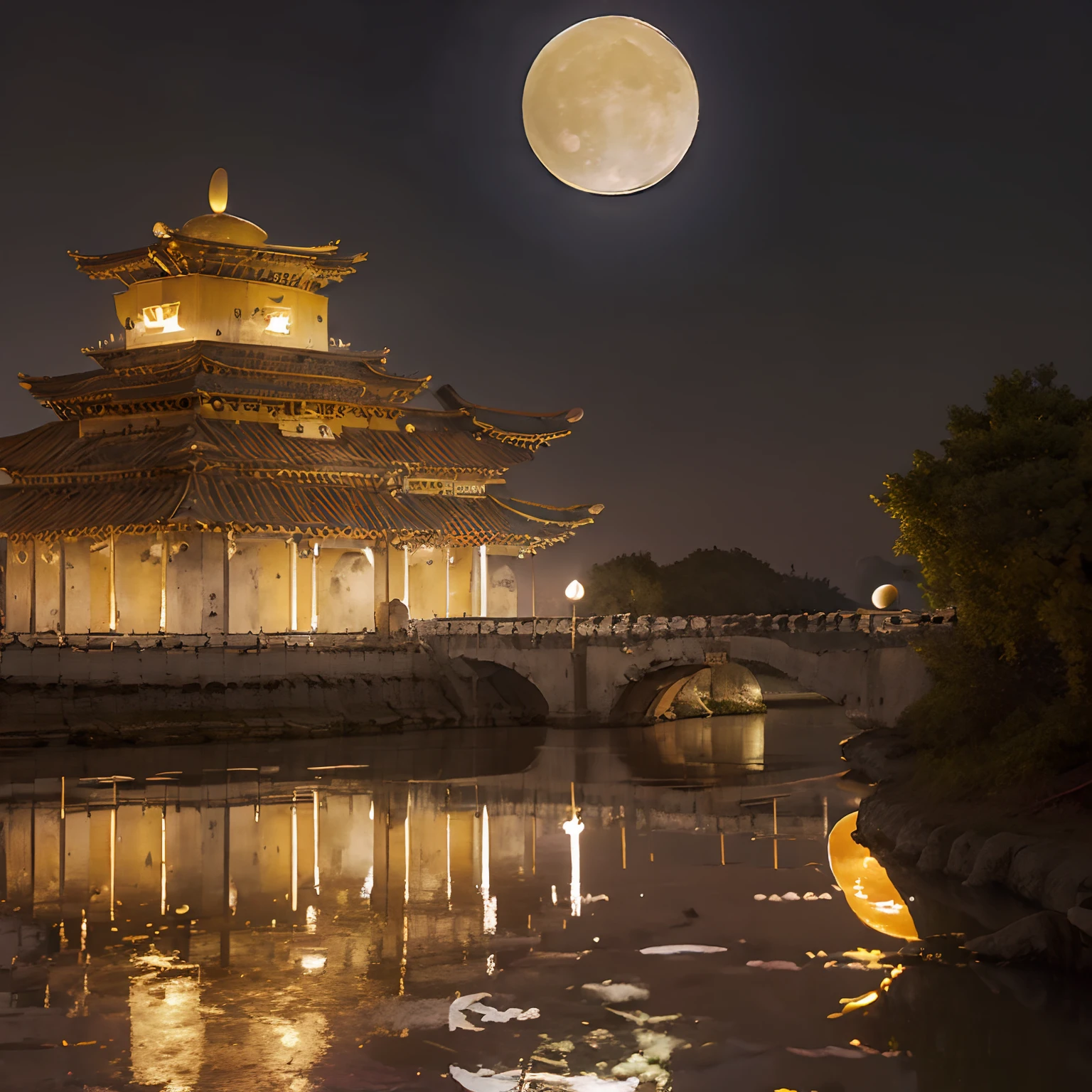 (goden_full_moon:1.8), architecture, bj_ancient_city, bridge, building, castle, cloud, east_asian_architecture, full_moon, moon, night, no_humans, outdoors, pagoda, reflection, scenery, sky, stairs chinese_tower, lake, golden colored thhem, east, delayed photography, realistic scenery, paper carving, virtual engine 5,