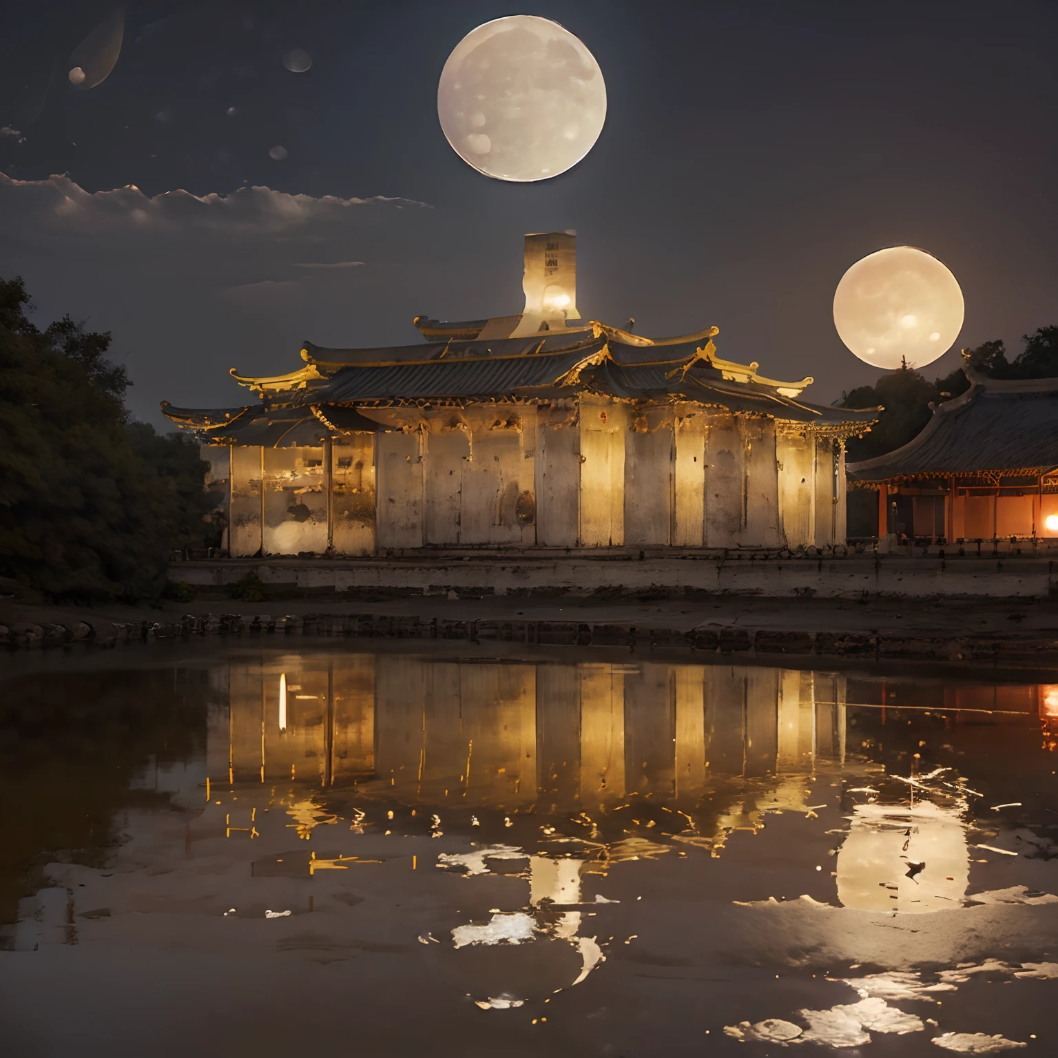 (goden_full_moon:1.8), architecture, bj_ancient_city, bridge, building, castle, cloud, east_asian_architecture, full_moon, moon, night, no_humans, outdoors, pagoda, reflection, scenery, sky, stairs chinese_tower, lake, golden colored thhem, east, delayed photography, realistic scenery, paper carving, virtual engine 5,