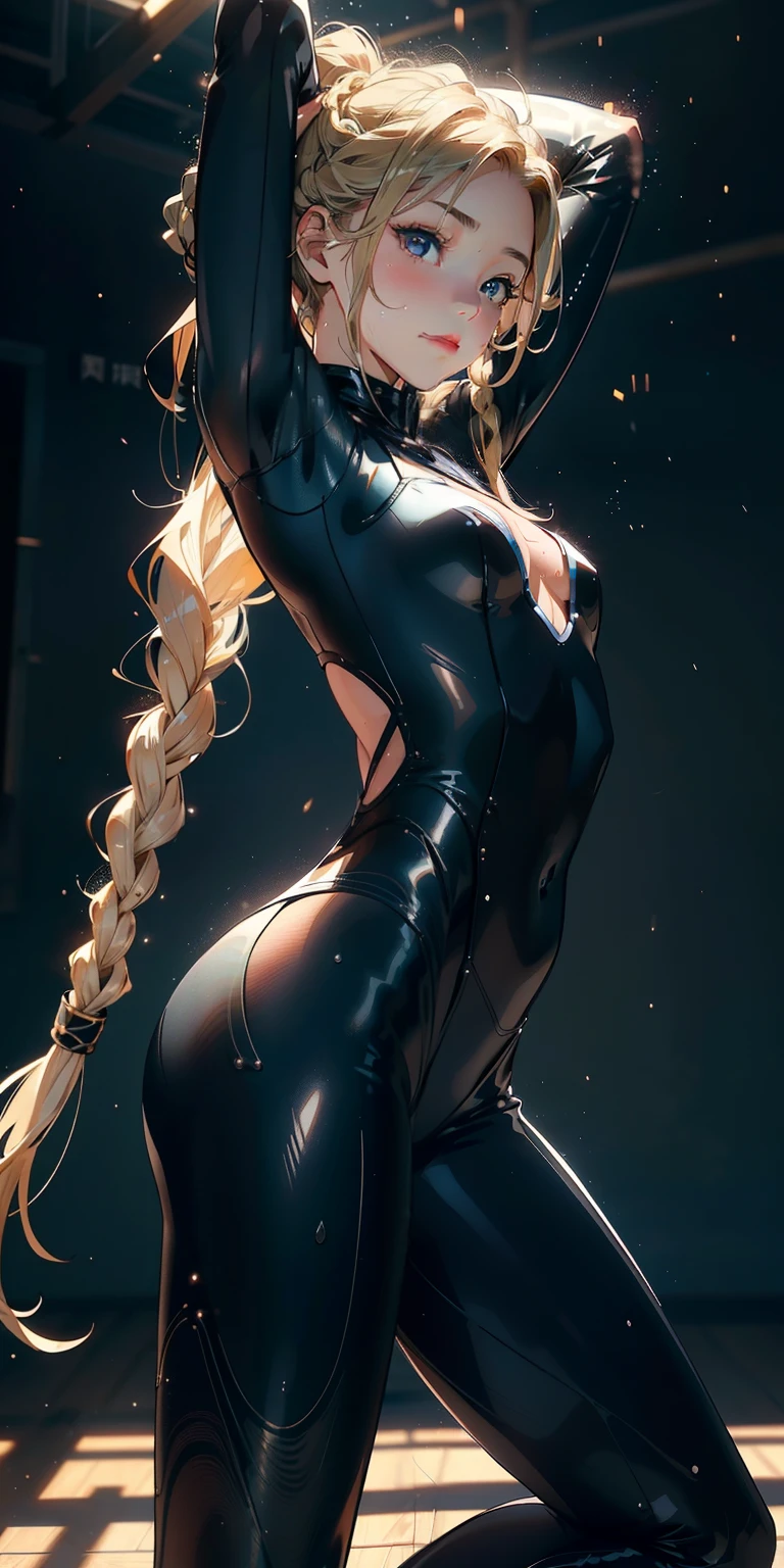 -yeld gi 独奏, Wearing a bodysuit with tight-fitting transparent tights、A smile、With a thin fabric that emphasizes cleavage、Super close-up looking up from below、gymnast、masterpiece, top-quality, realisitic, ultra-detailliert, (shinny skin, Sweating: 1.4), Versatile sexy poses、long blonde braid、Brown-eyed, slender, dynamic light and shadow, hight resolution, foco nítido, depth of fields, Narrow-eyed, Sharp pupils, Realistic pupils, (breasts are small: 1.6), (Thigh thickness: 1.0),Gymnastics Stadium