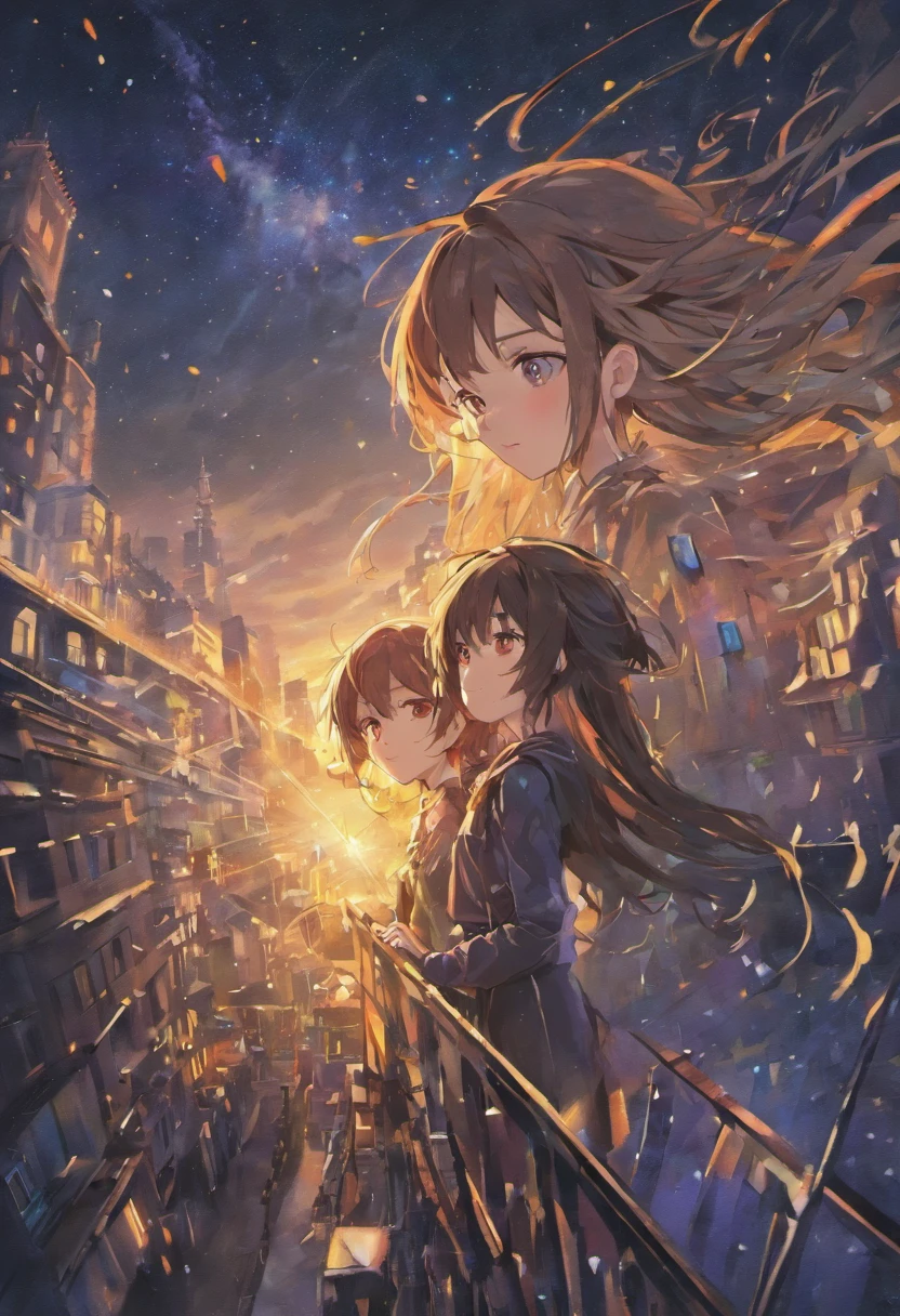 dos chicos jovenes magos viendo las estrellas juntos. uno de ellos es de piel clara, Long, straight light brown hair pulled into a high ponytail, su flequillo es de un solo lado de la cara. Tiene Ojos afilados y grises claro. the other is also light-skinned, Brown Dark Hair, corto y despeinado, con ojos grises y una mirada inofensiva.