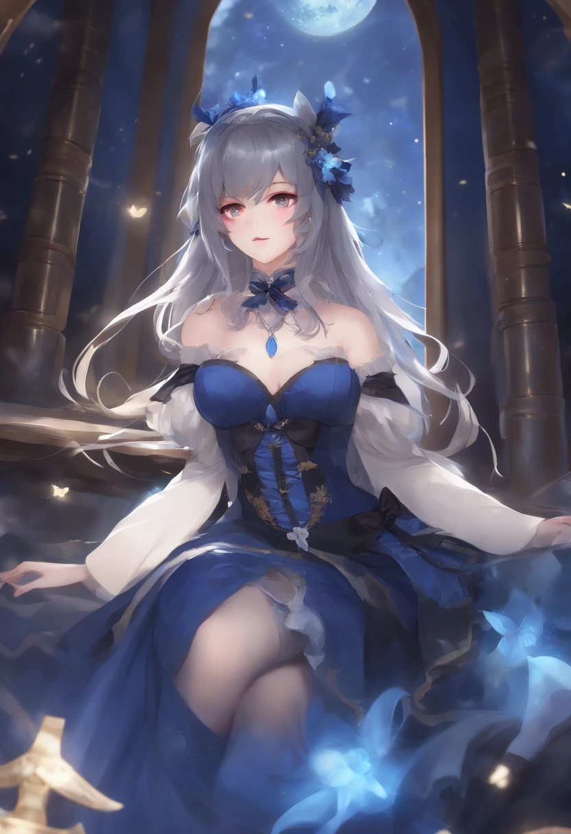 A woman in a blue dress and black stockings stands in the dark, full-body xianxia, lunar themed attire, beautiful full-body concept art, A scene from the《azur lane》videogame, Genshin impact's character, astral witch clothes, Ayaka Genshin impact, Keqing from Genshin Impact, Ross Tran style, Irelia, Guviz