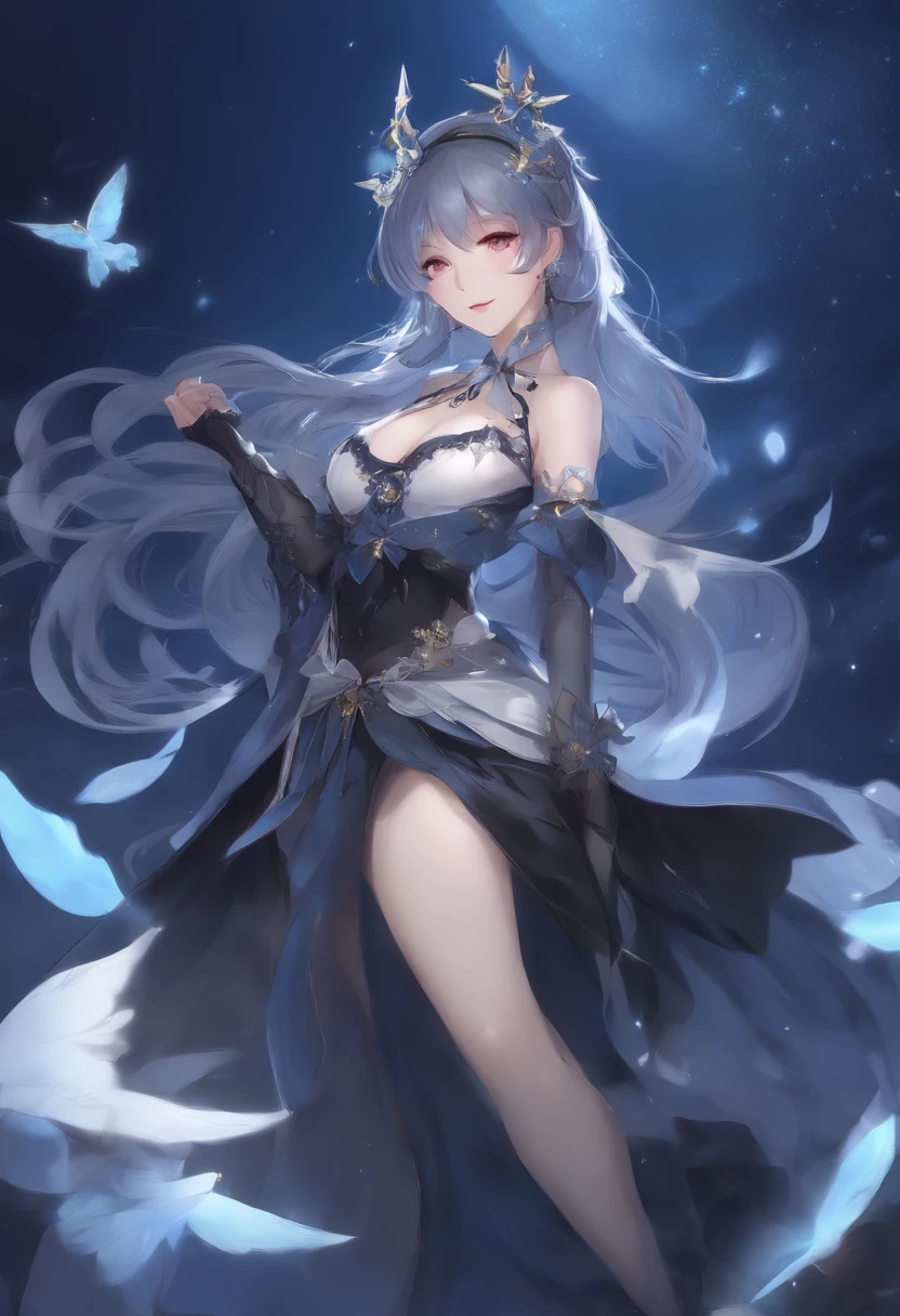 A woman in a blue dress and black stockings stands in the dark, full-body xianxia, lunar themed attire, beautiful full-body concept art, A scene from the《azur lane》videogame, Genshin impact's character, astral witch clothes, Ayaka Genshin impact, Keqing from Genshin Impact, Ross Tran style, Irelia, Guviz